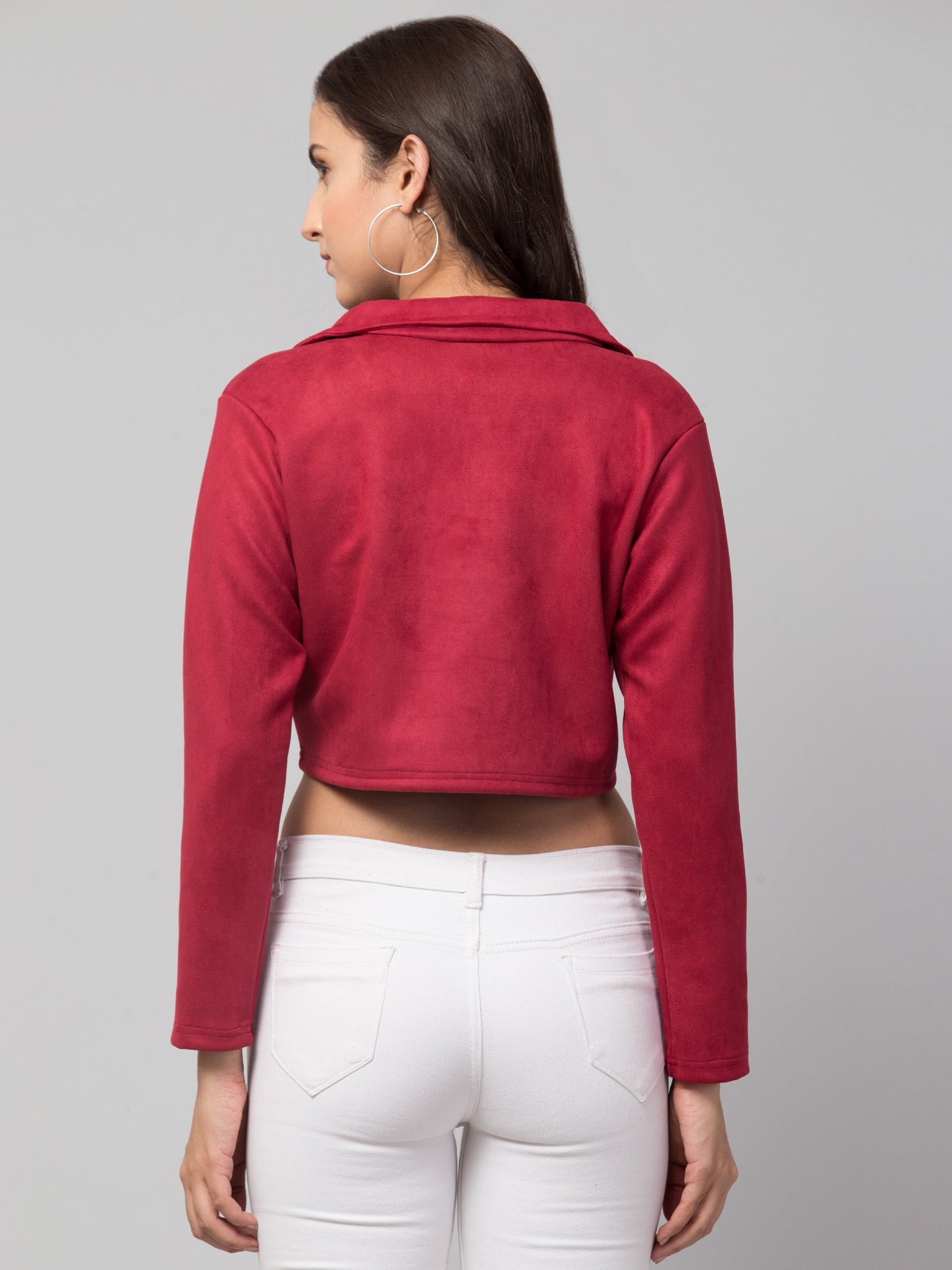 Red Color Suede Fabric Girls Short Blazer