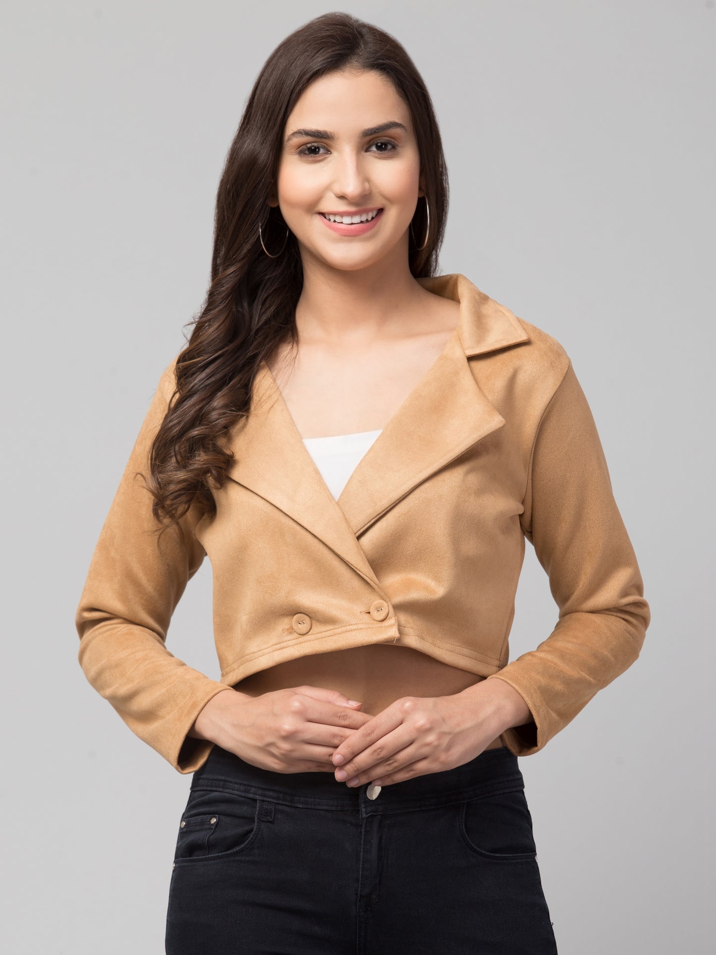 Brown Color Suede Fabric Girls Short Blazer