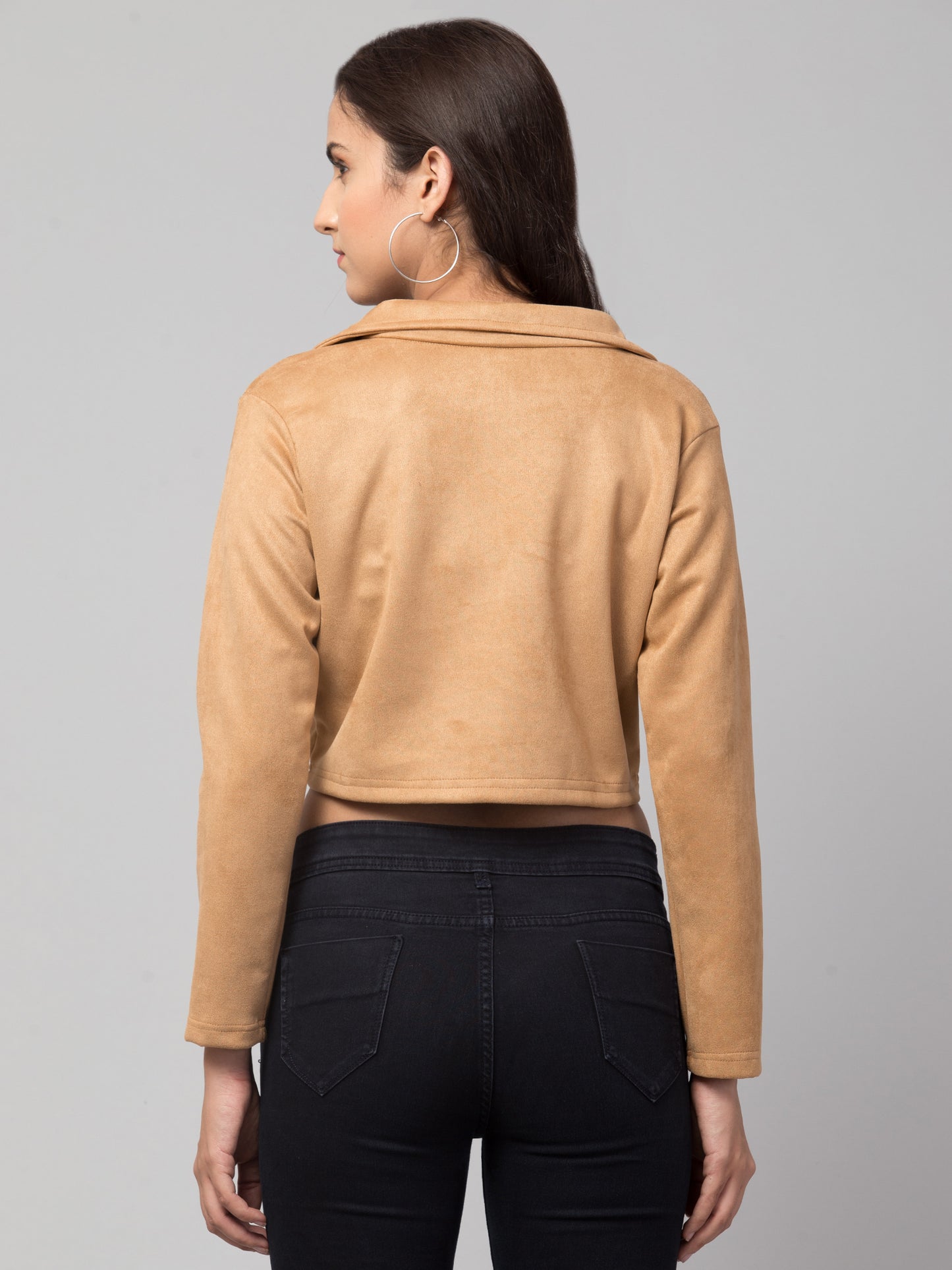 Brown Color Suede Fabric Girls Short Blazer