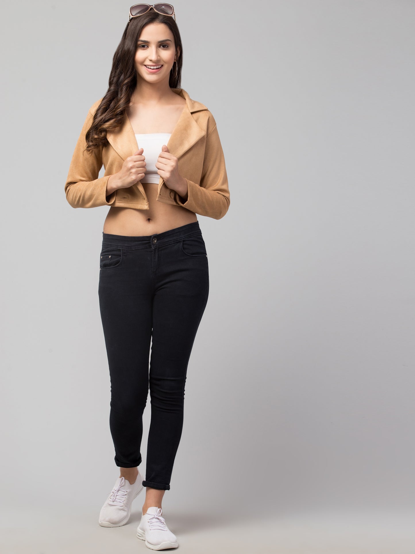 Brown Color Suede Fabric Girls Short Blazer