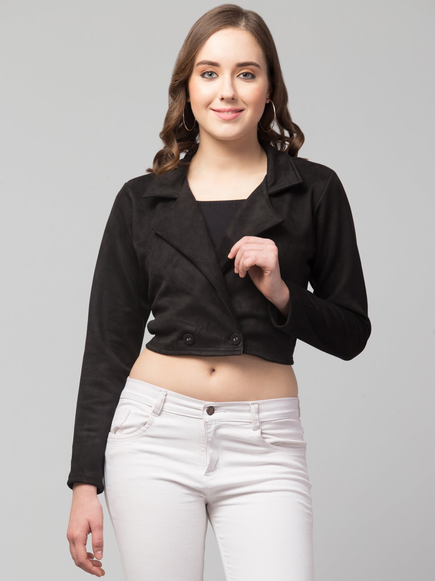 Black Color Suede Fabric Girls Short Blazer
