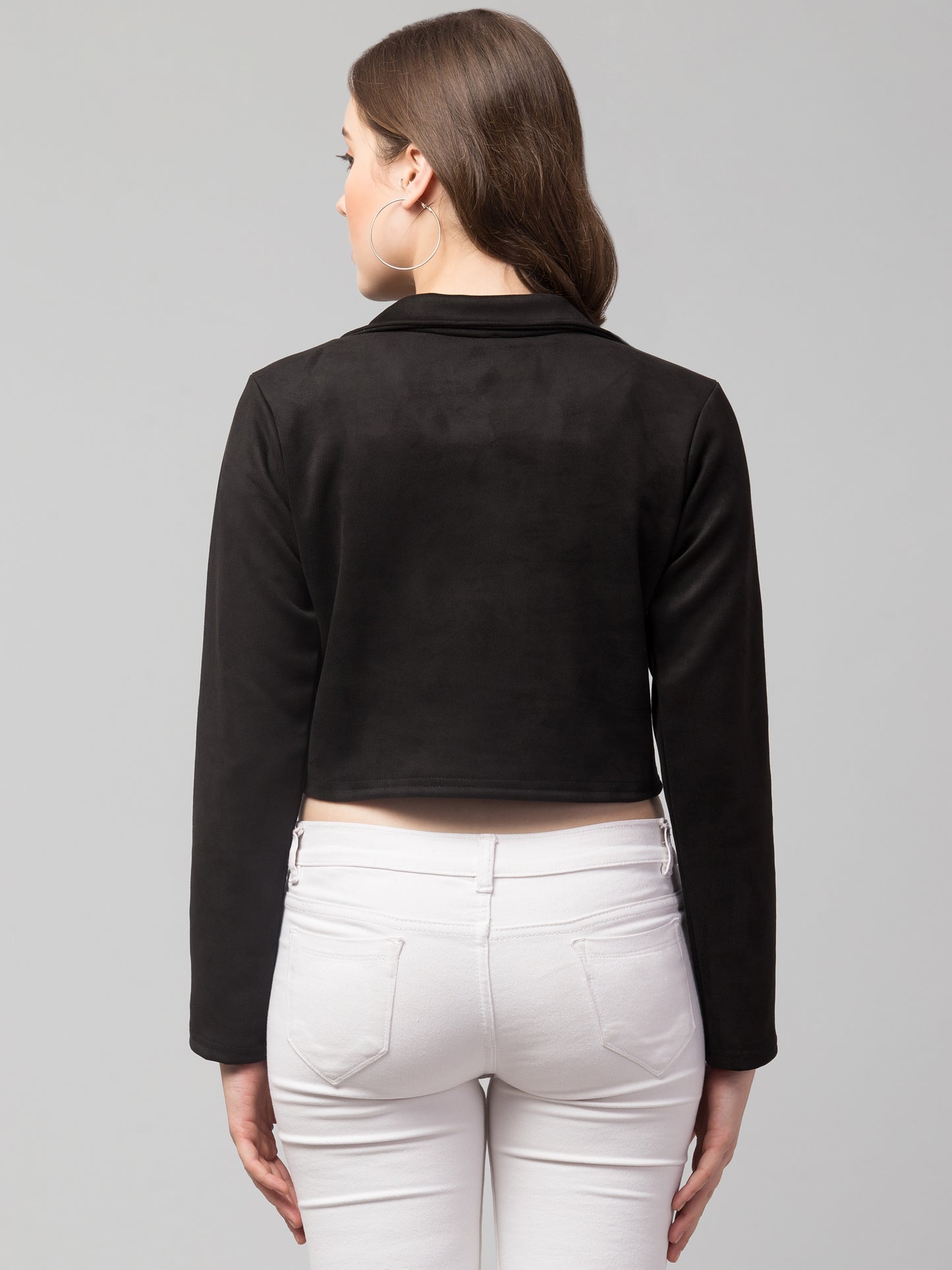 Black Color Suede Fabric Girls Short Blazer