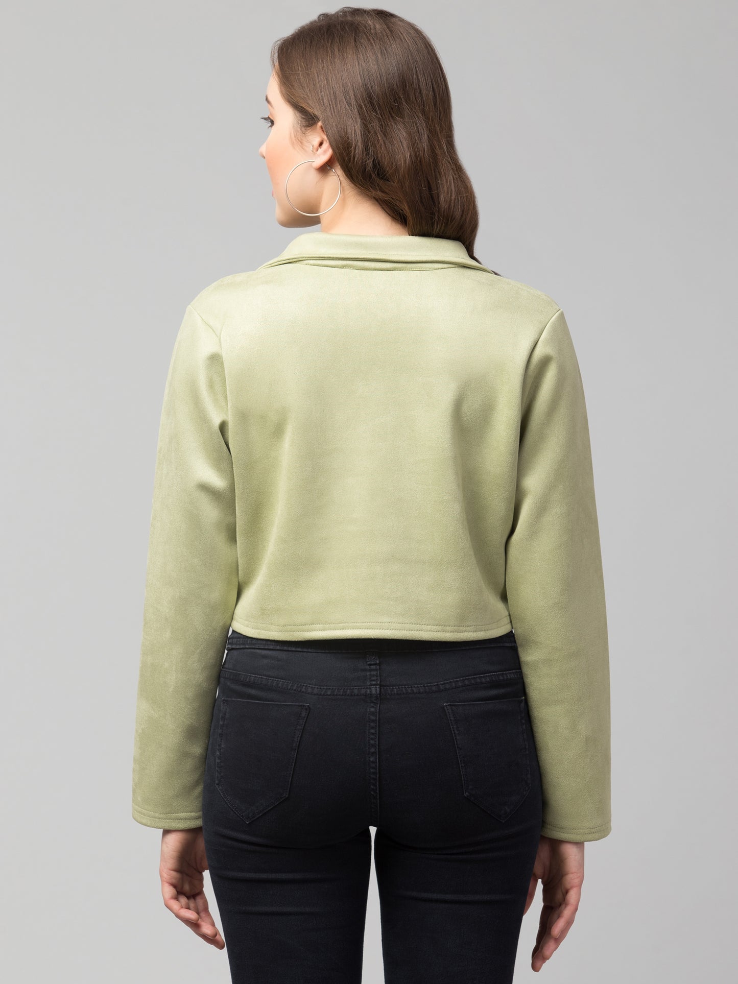 Olive Green Color Suede Fabric Girls Short Blazer