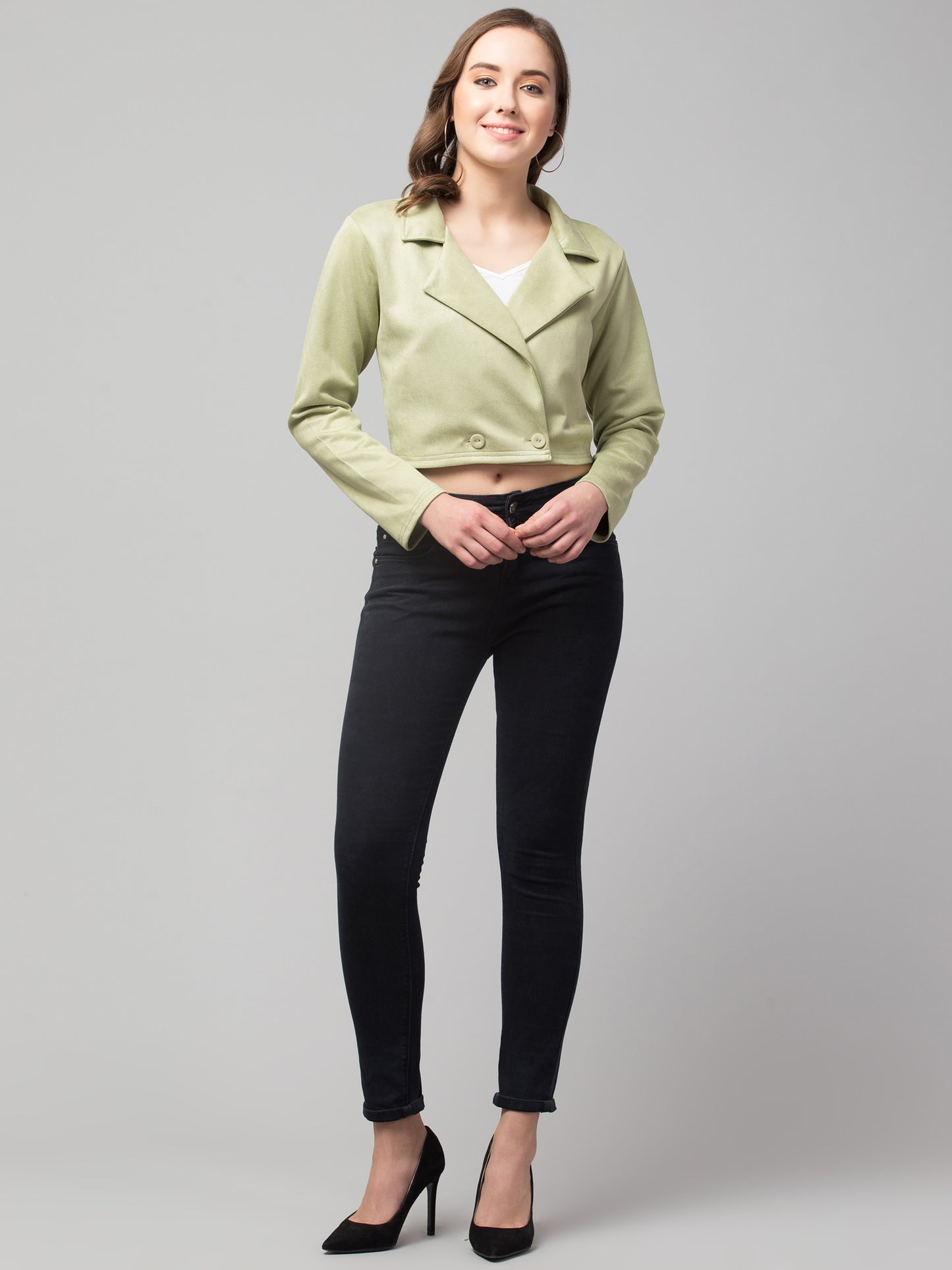 Olive Green Color Suede Fabric Girls Short Blazer