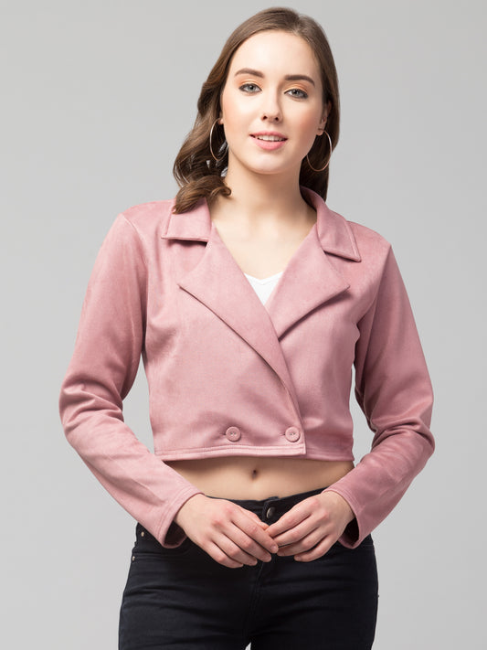 Pink Color Suede Fabric Girls Short Blazer