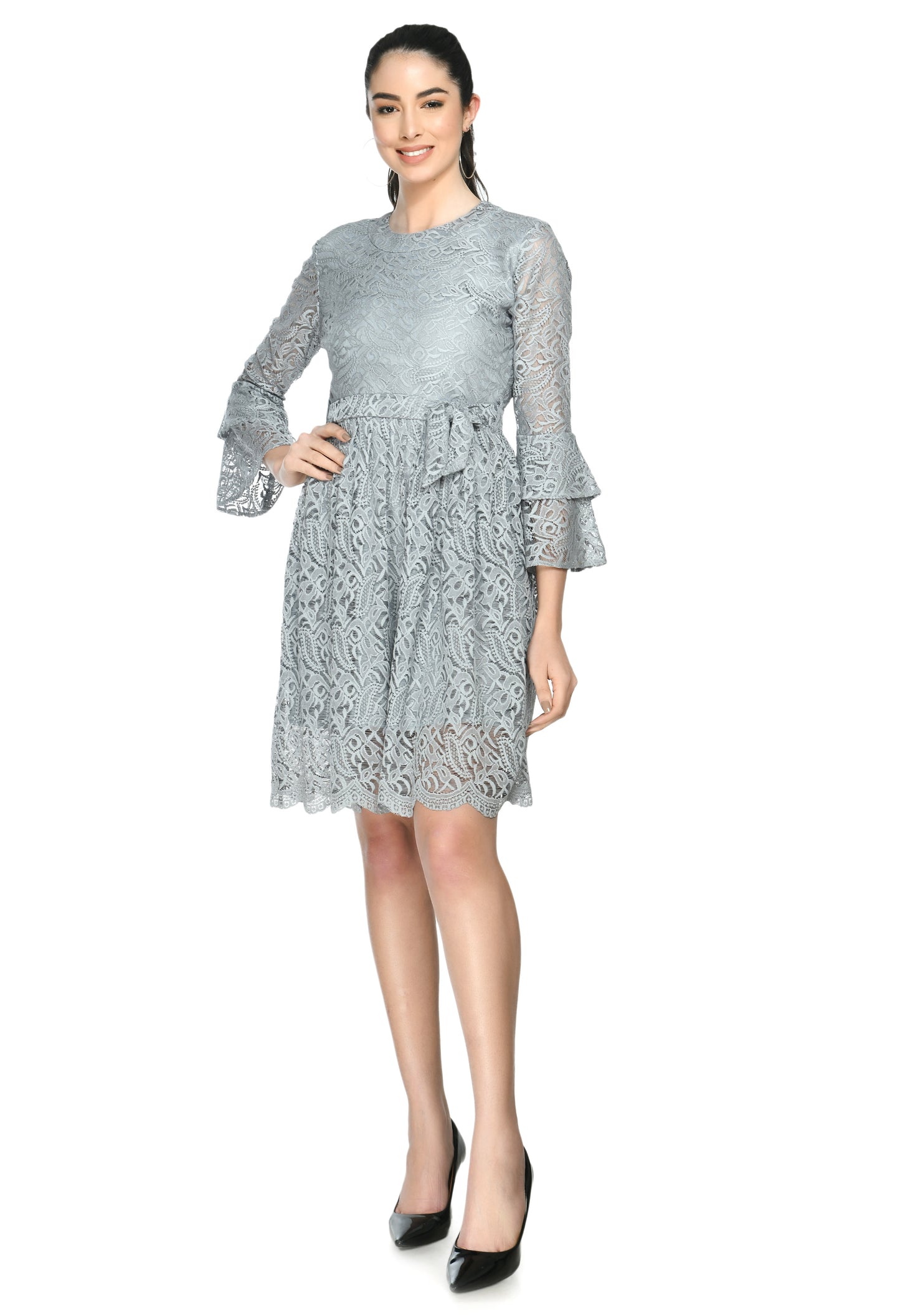 Grey Fit and Flare Lace Fabric Dress