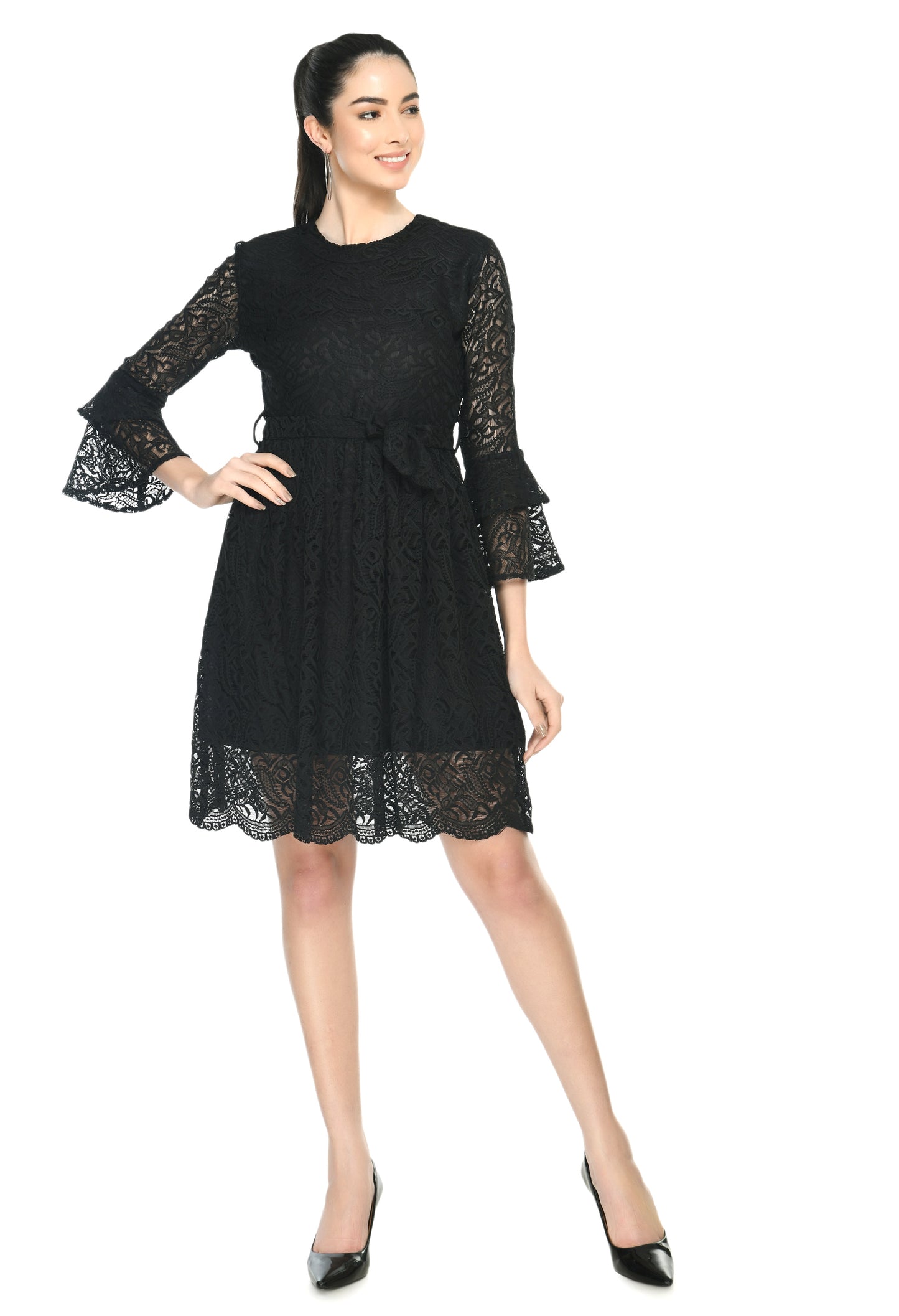 Black Fit and Flare Lace Fabric Dress
