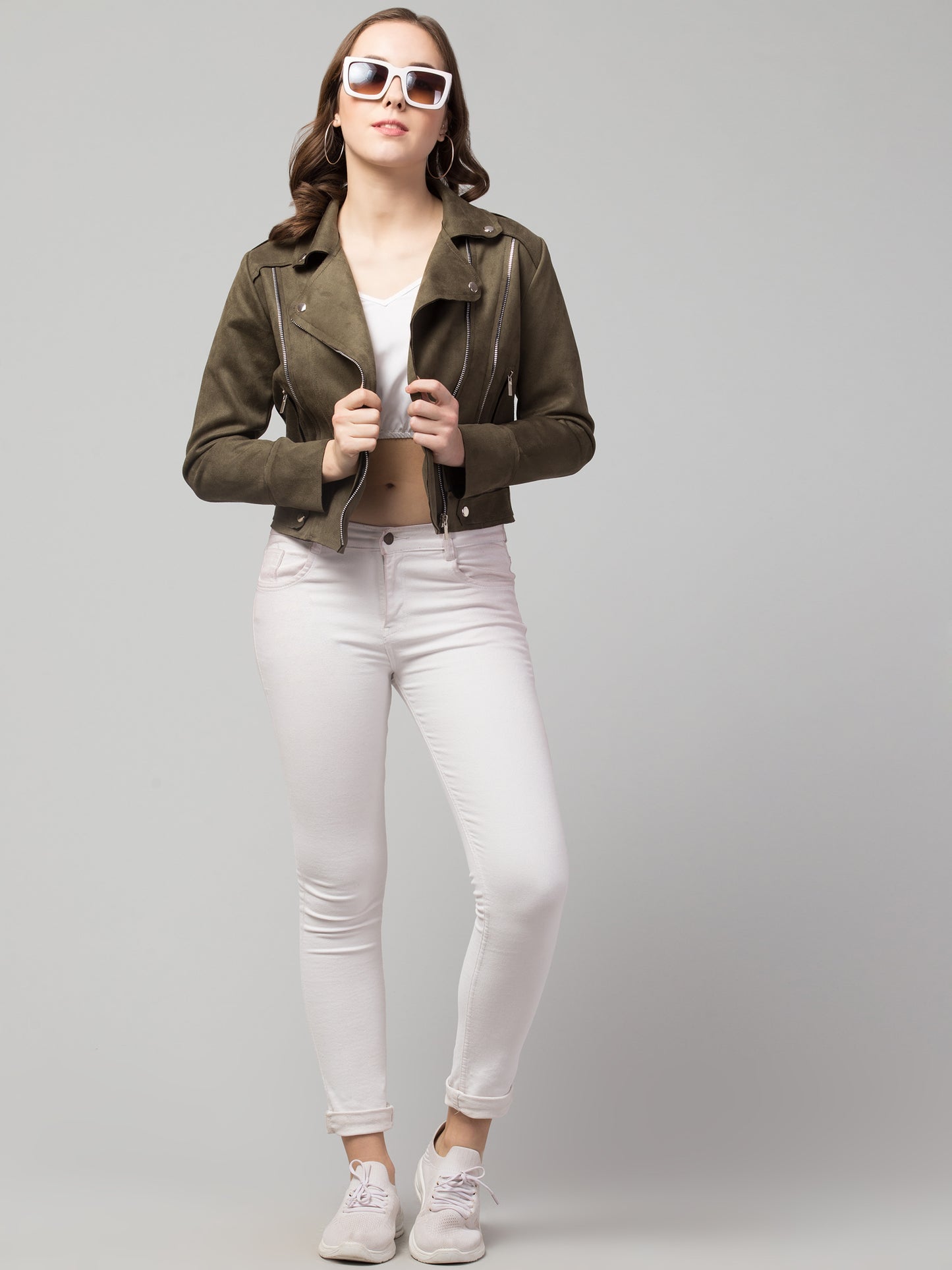 Mehandi Green Girls Suede Fabric Jacket
