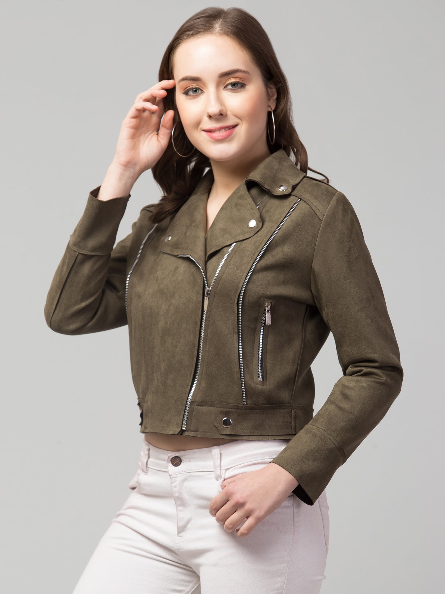 Mehandi Green Girls Suede Fabric Jacket