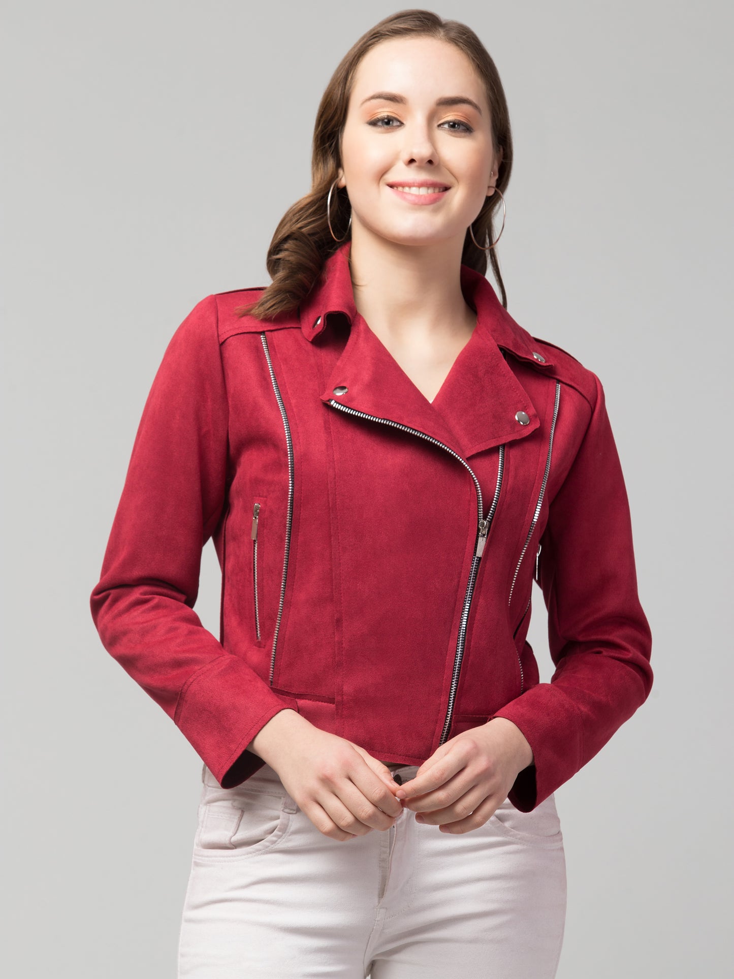 Maroon Suede Fabric Girls Jacket
