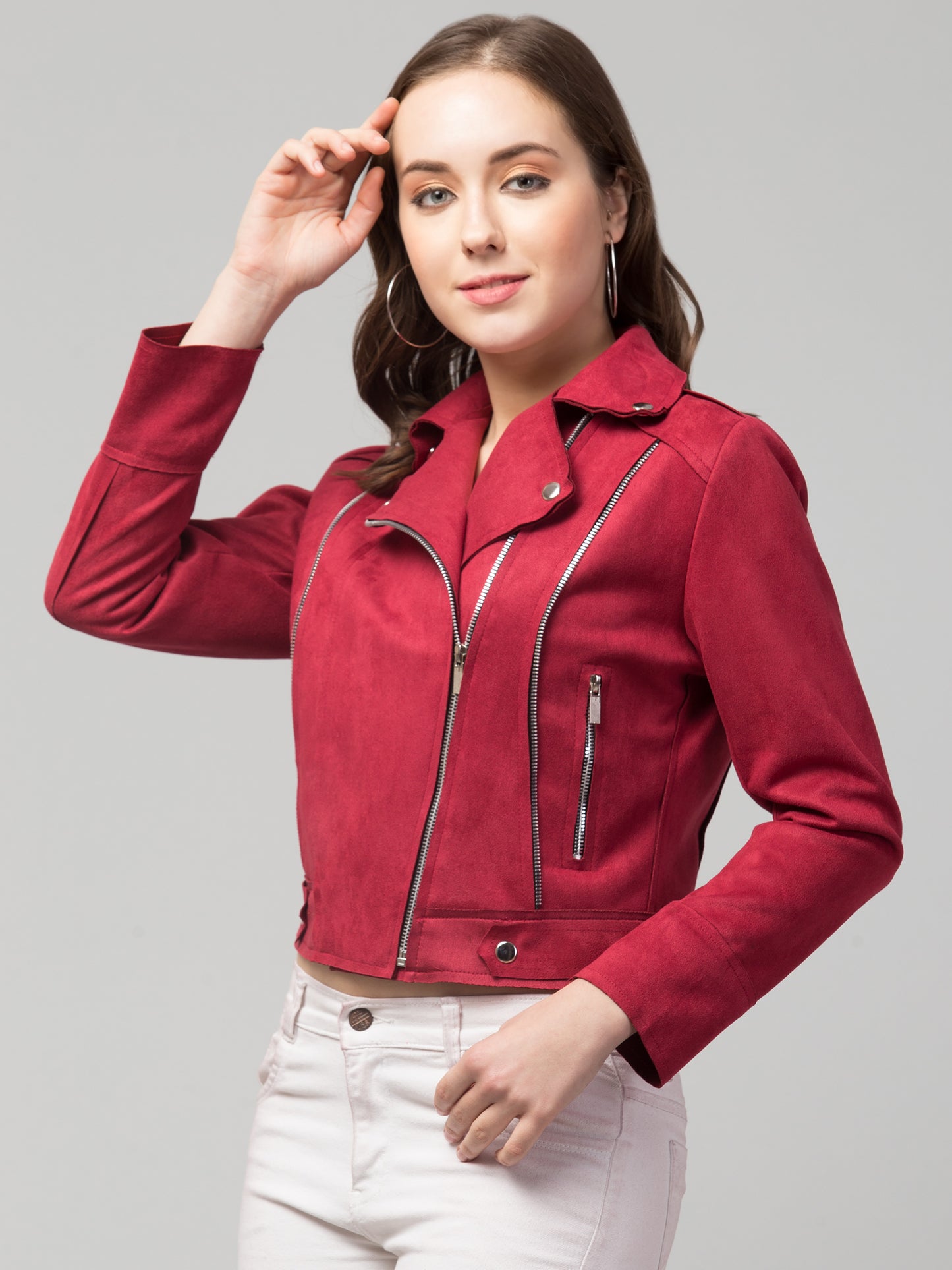 Maroon Suede Fabric Girls Jacket