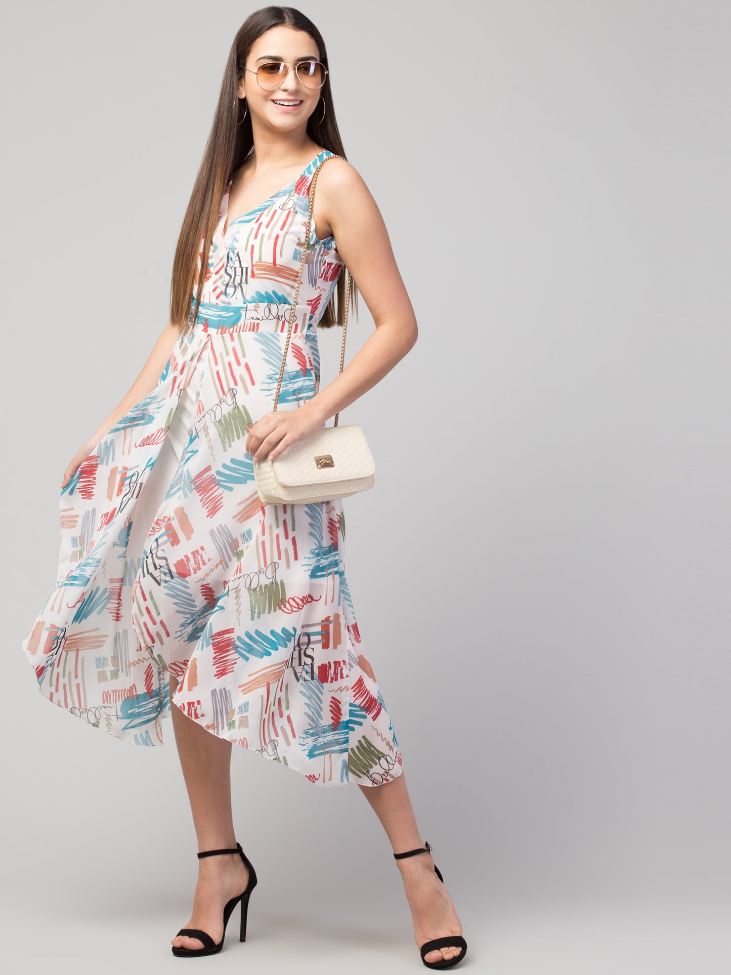 White Printed Georgette Asymmetric Dress With Lining