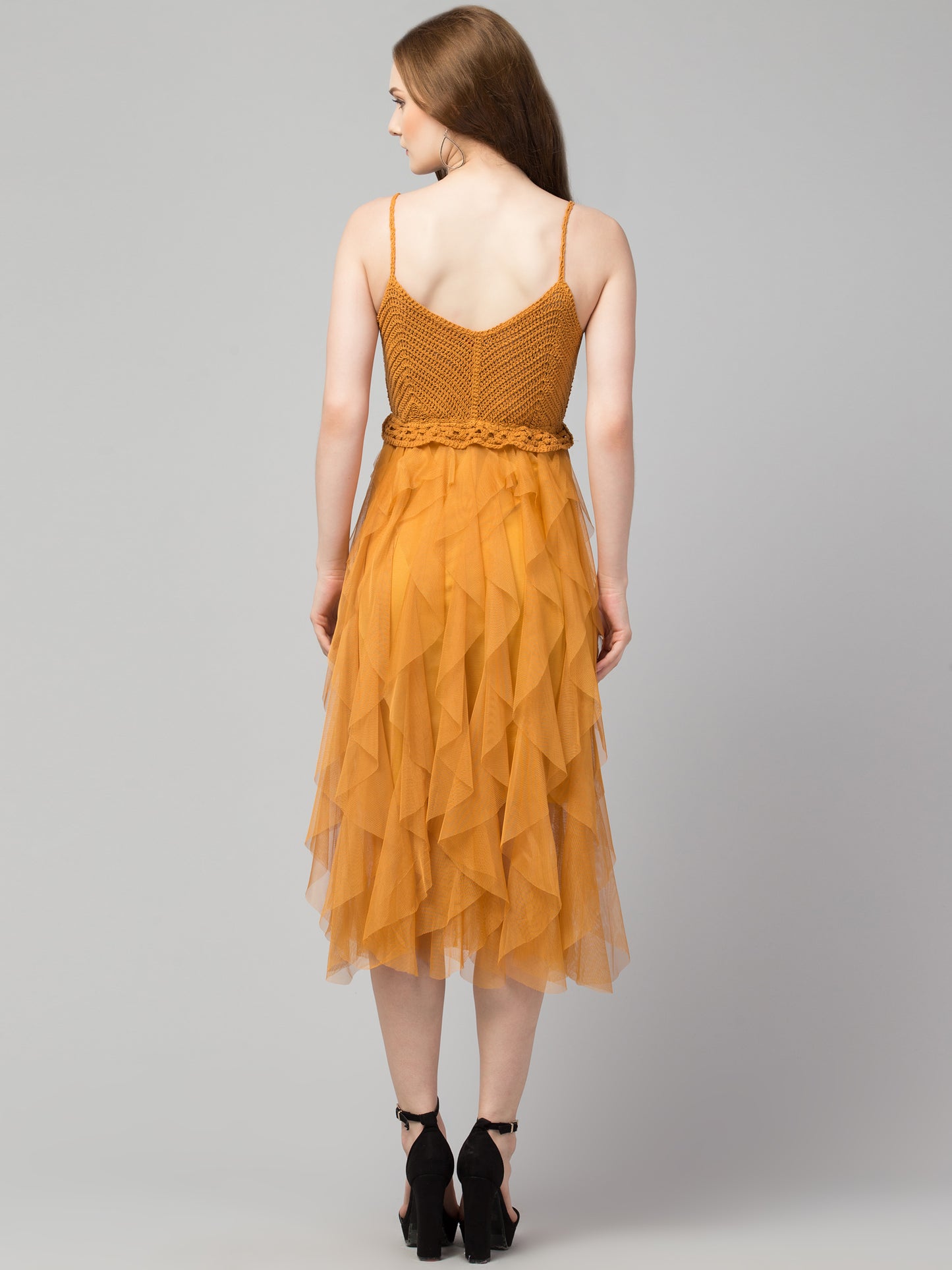 Mustard A-Line Crosia and Net Party Wear Dress