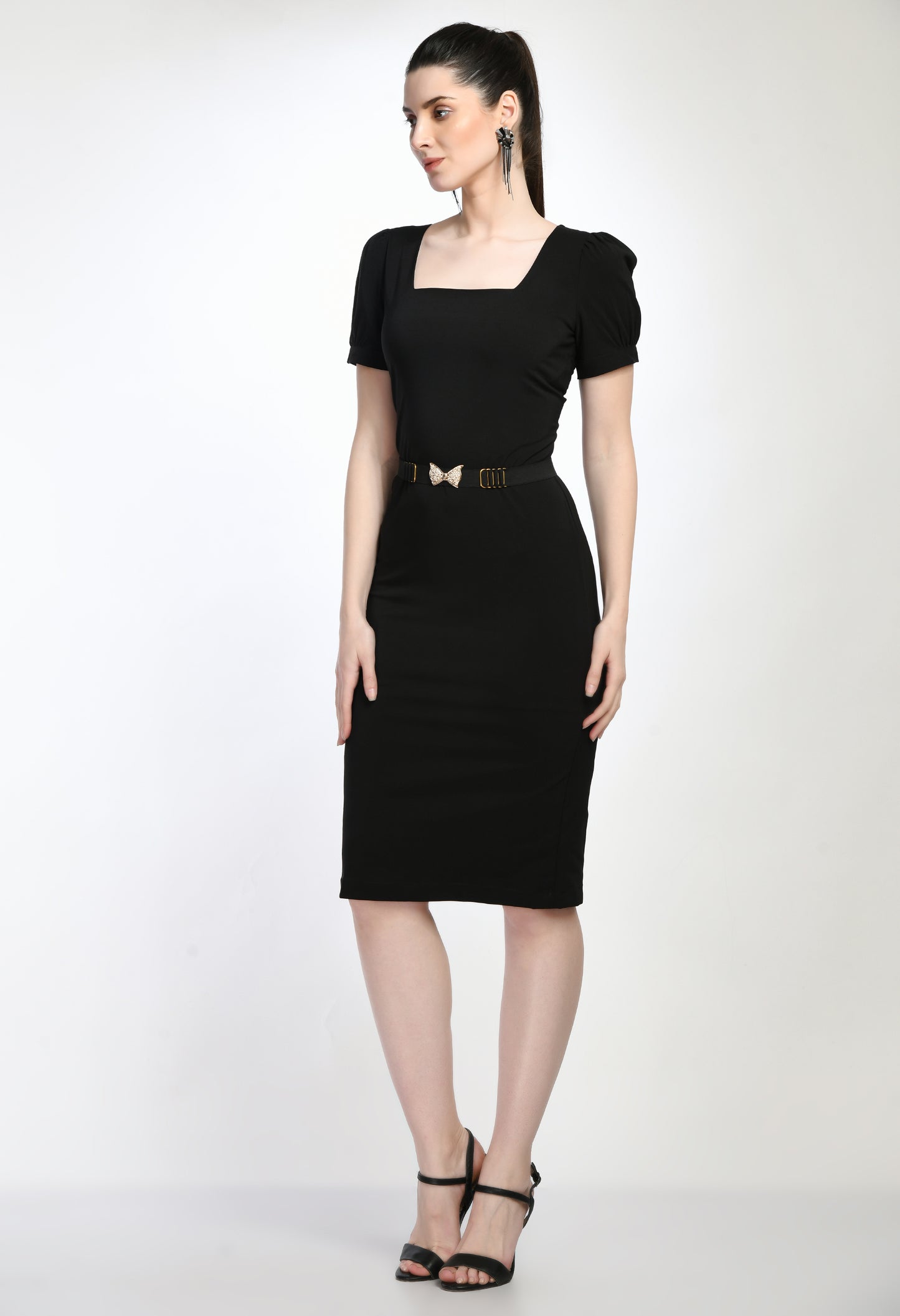 Black Bodycone Cotton Spandex Dress with Belt
