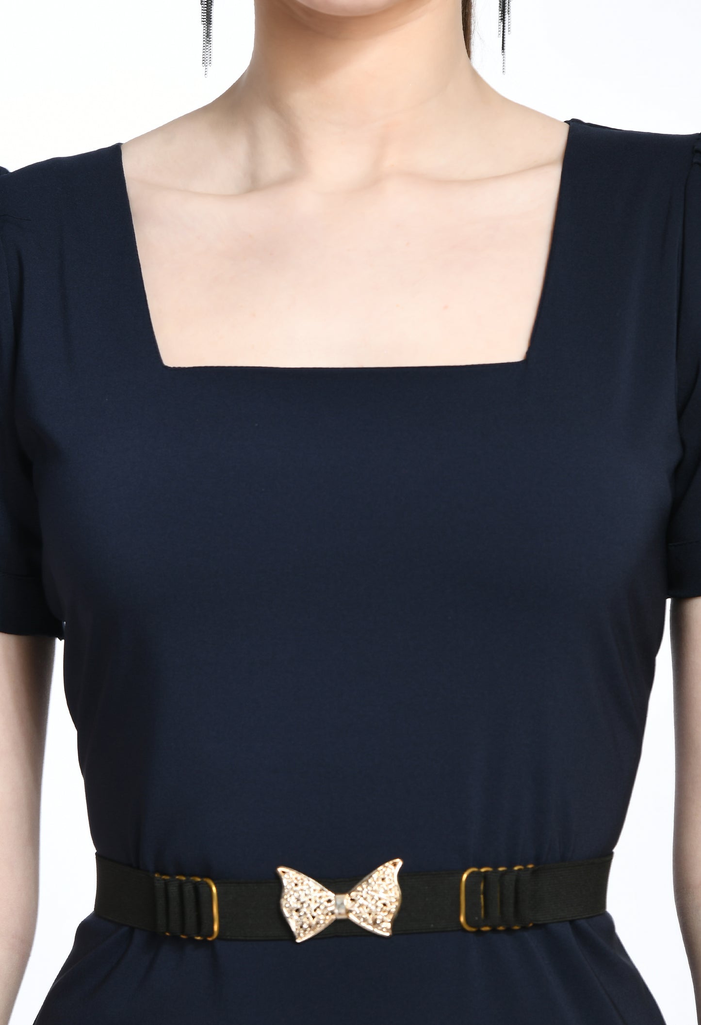 Navy Blue Bodycone Cotton Spandex Dress with Belt