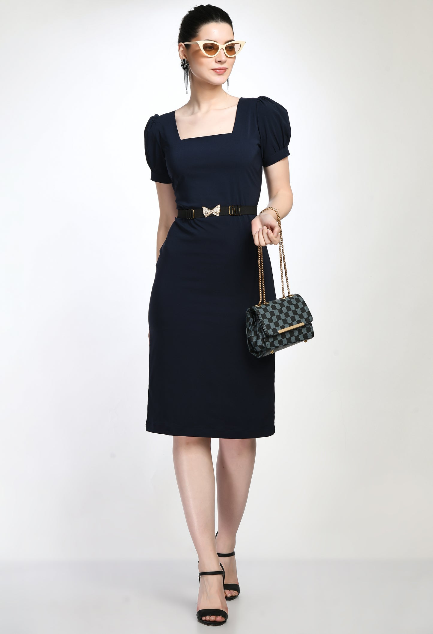 Navy Blue Bodycone Cotton Spandex Dress with Belt