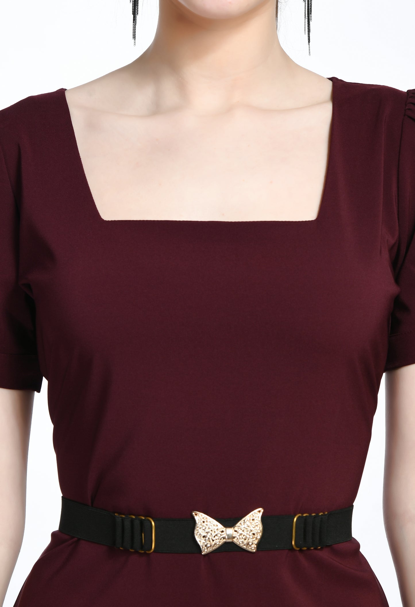 Wine Bodycone Cotton Spandex Dress with Belt