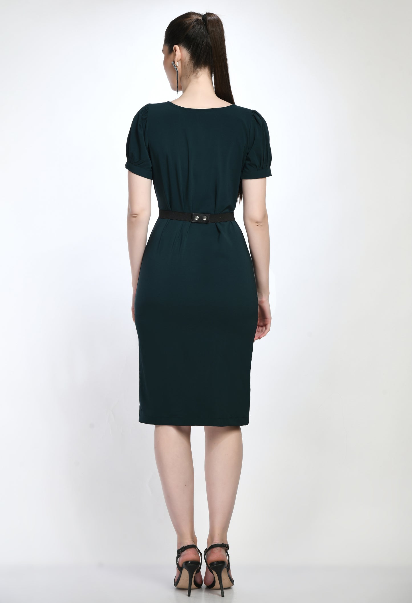 Bottle Green Bodycone Cotton Spandex Dress with Belt