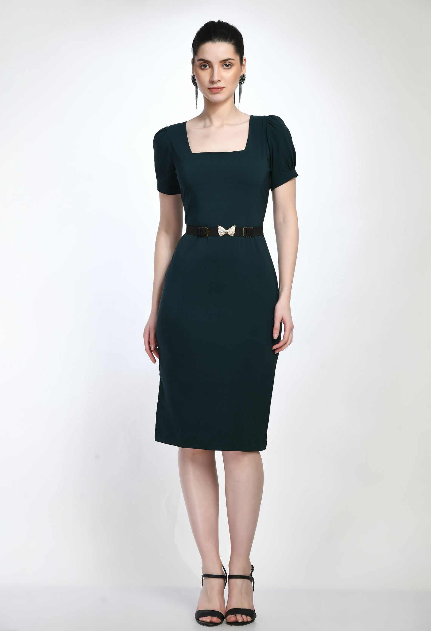 Bottle Green Bodycone Cotton Spandex Dress with Belt