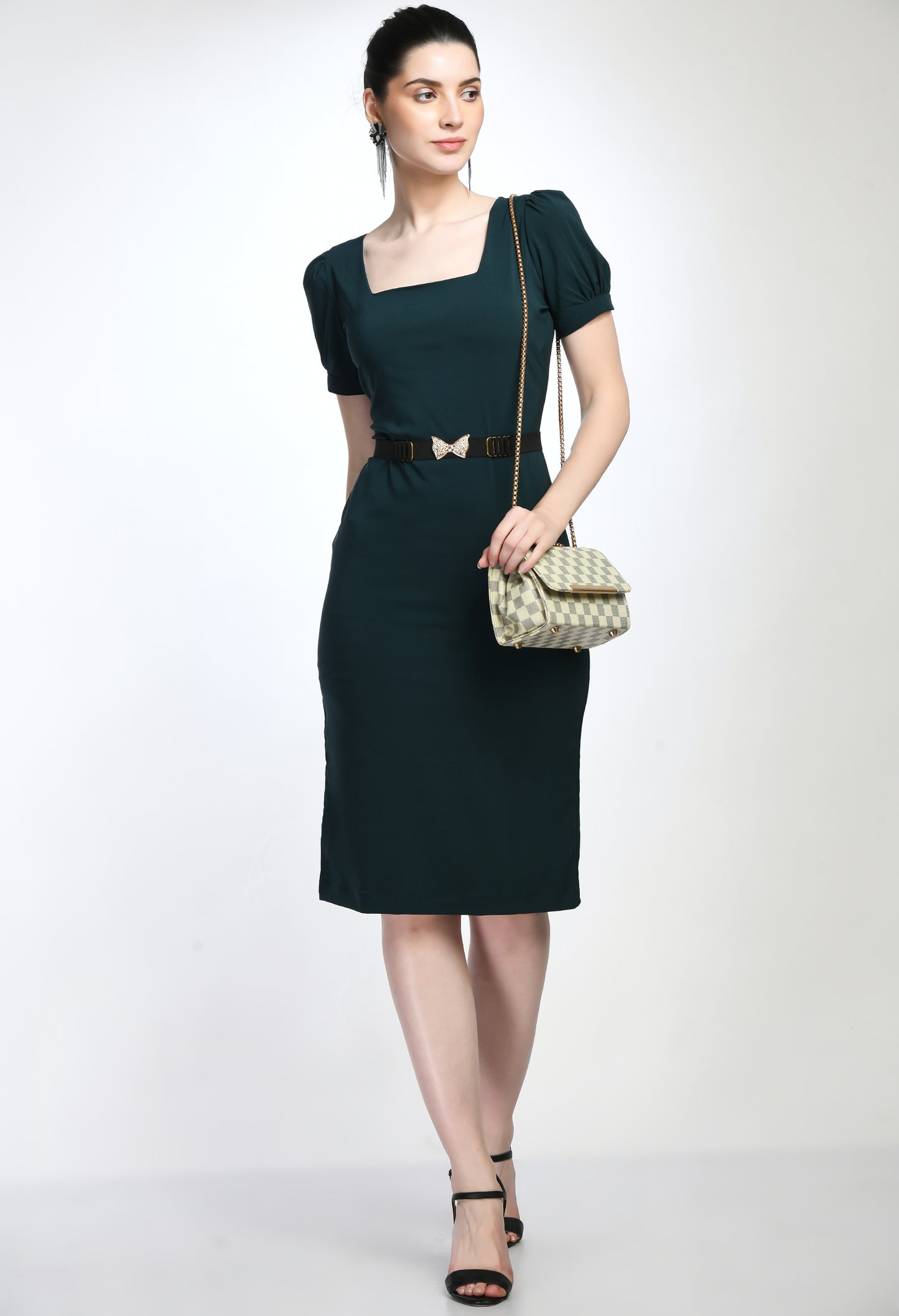 Bottle Green Bodycone Cotton Spandex Dress with Belt