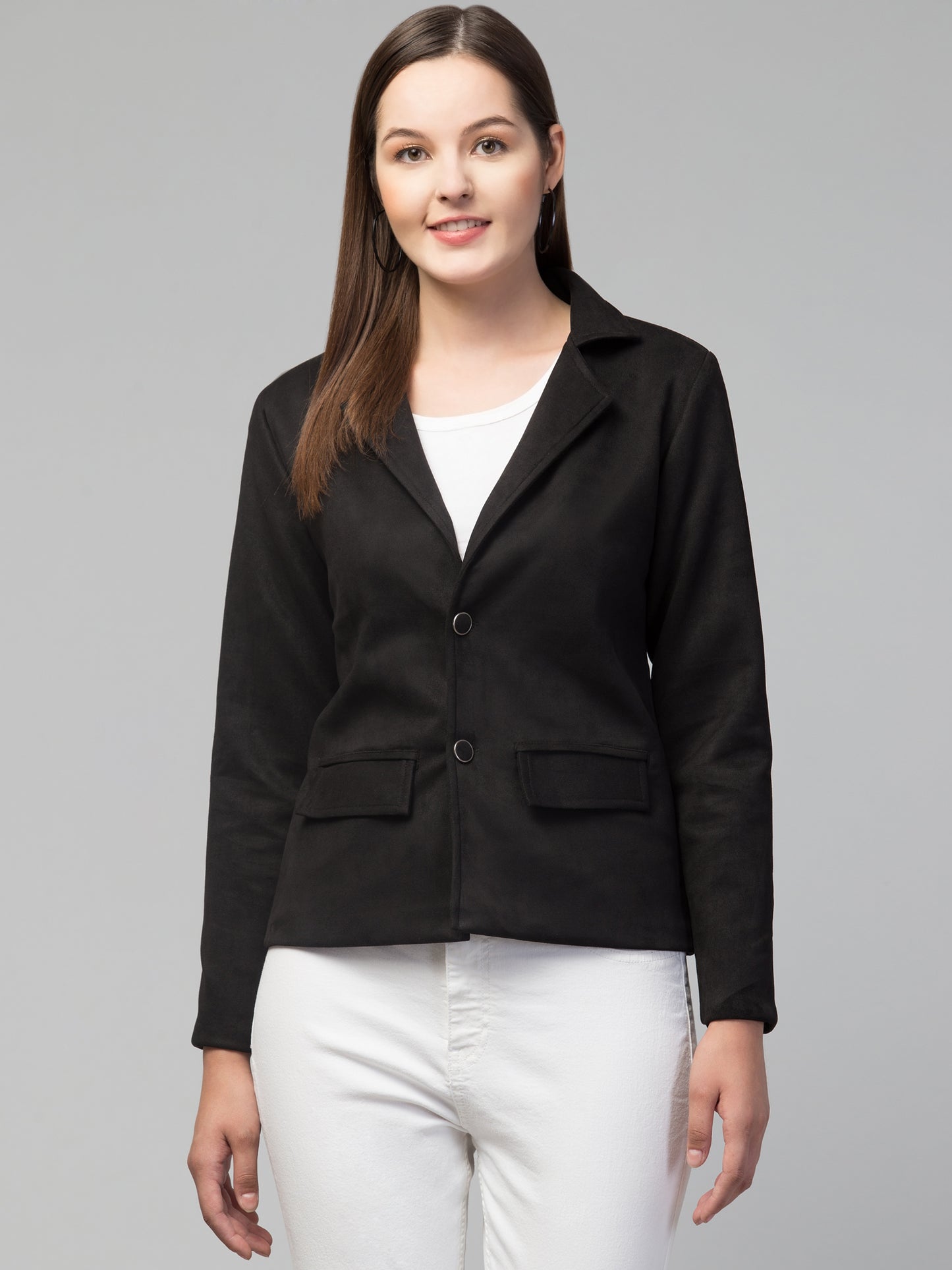 Black Color Suede Fabric Girls Blazer
