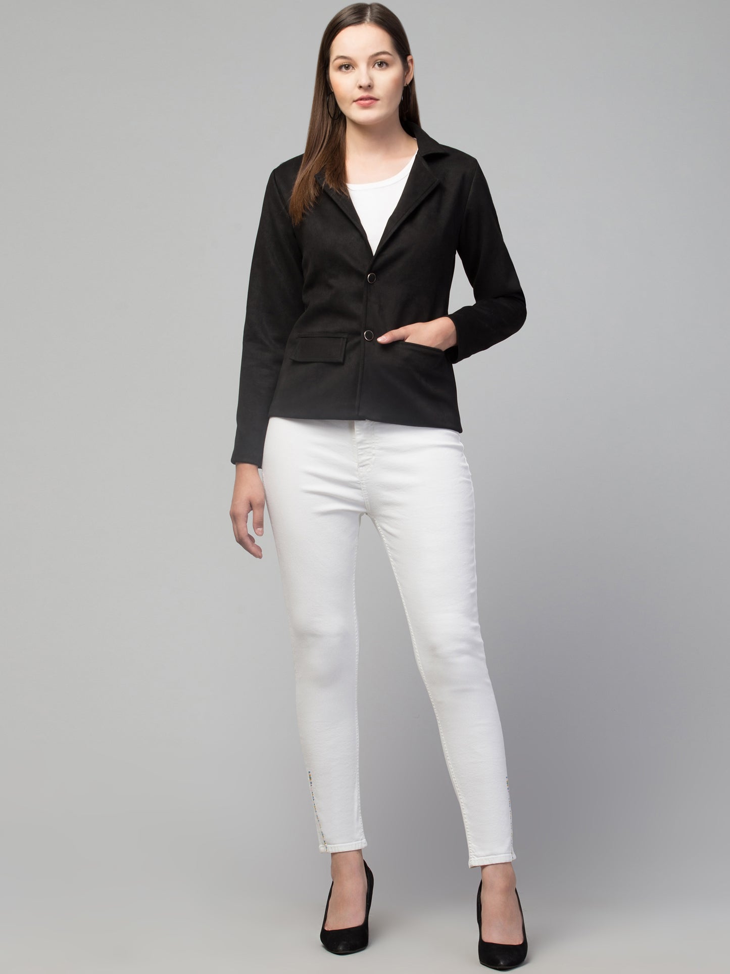 Black Color Suede Fabric Girls Blazer