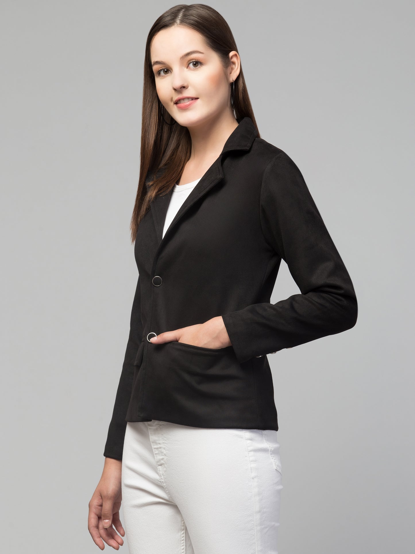 Black Color Suede Fabric Girls Blazer