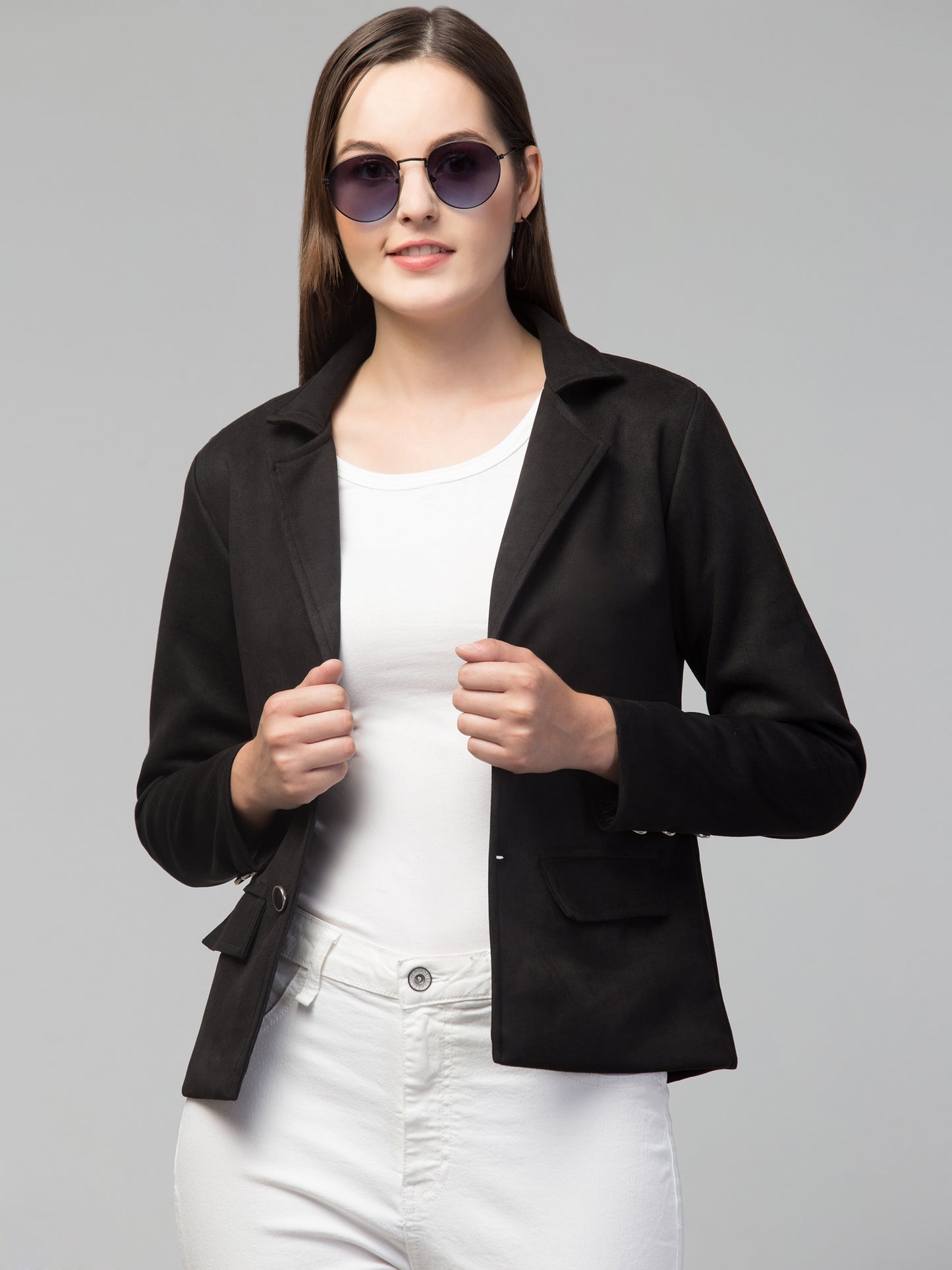 Black Color Suede Fabric Girls Blazer