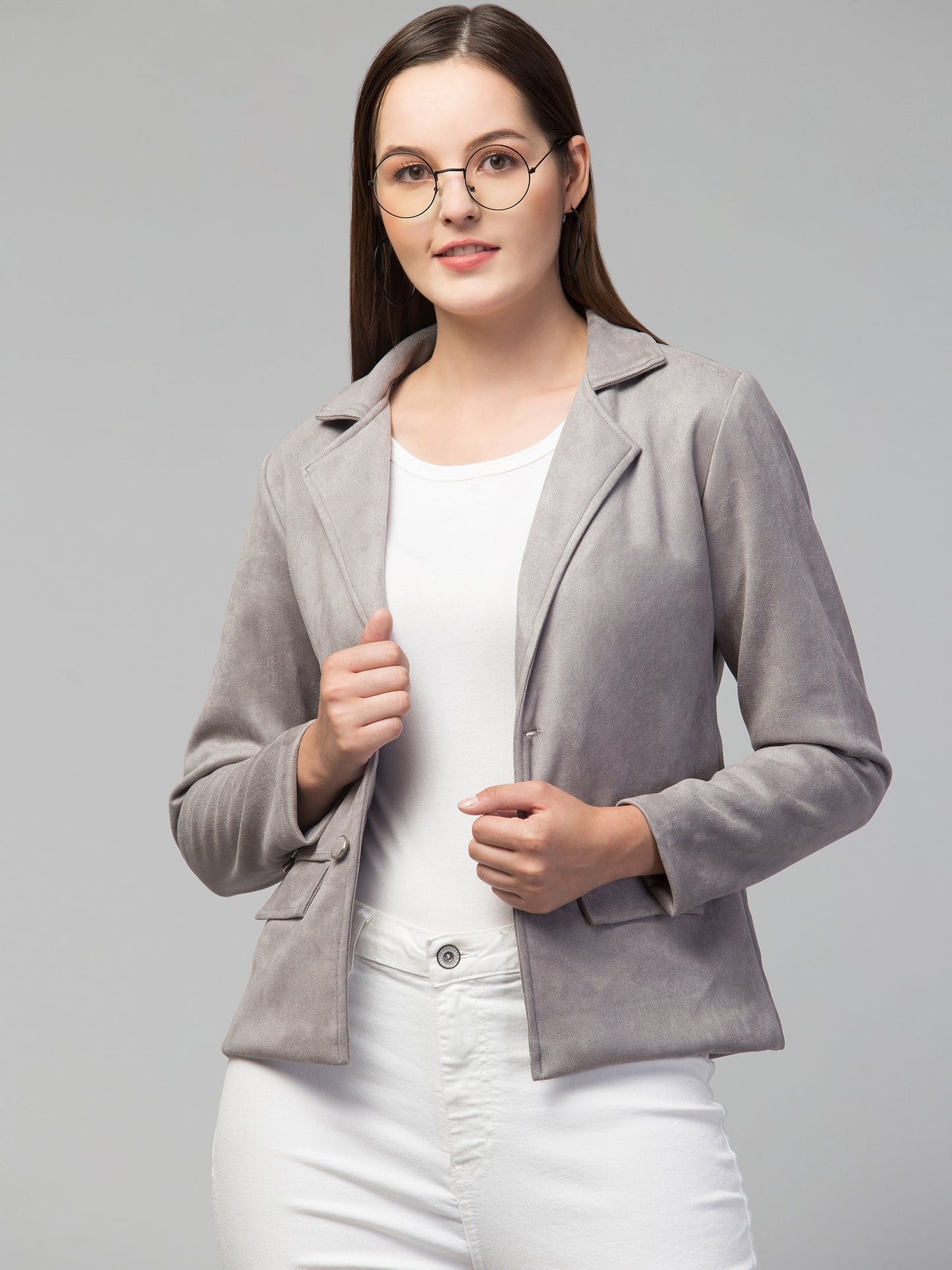 Grey Suede Fabric Girls Blazer