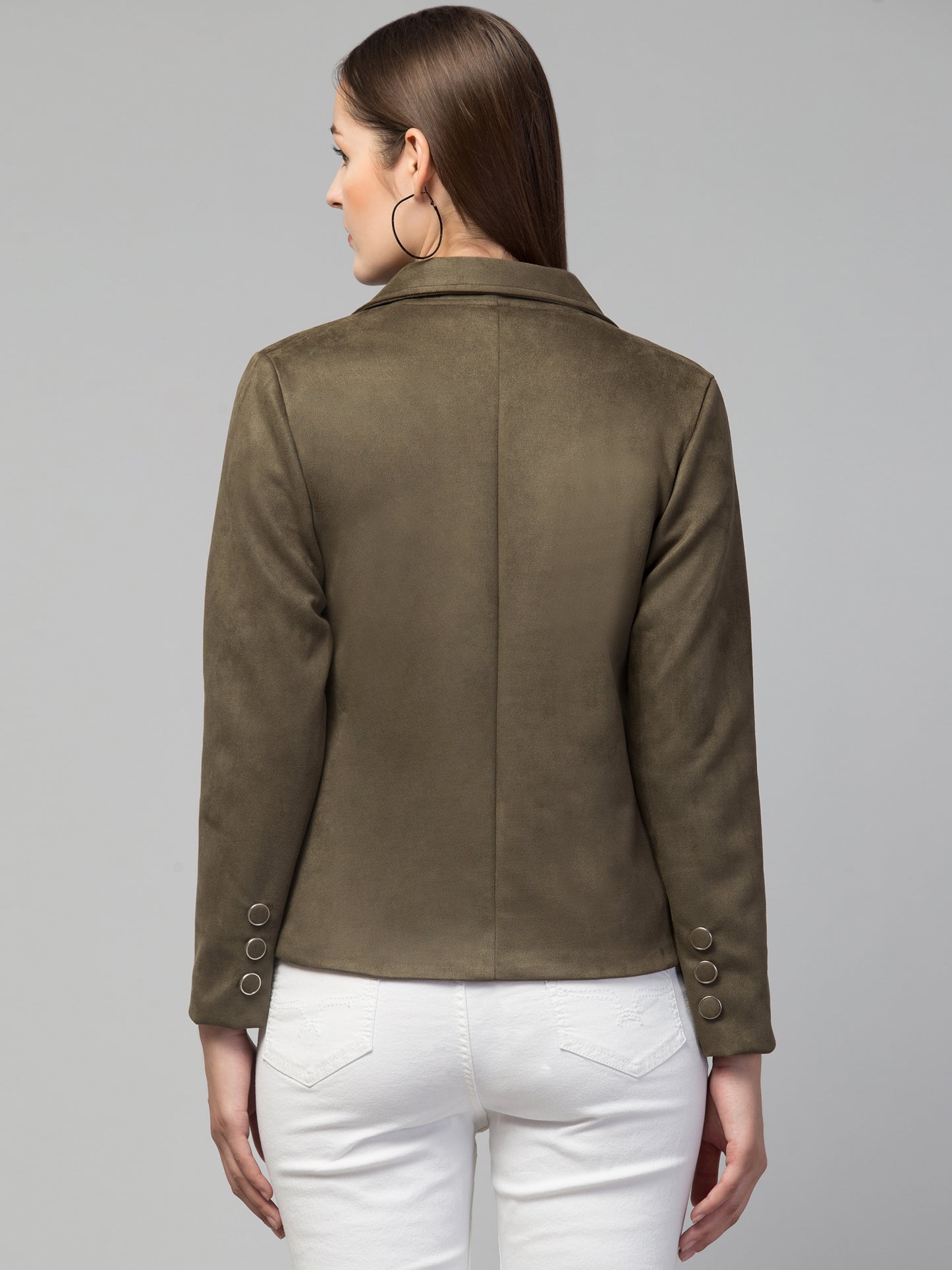 Olive Green Suede Fabric Girls Blazer
