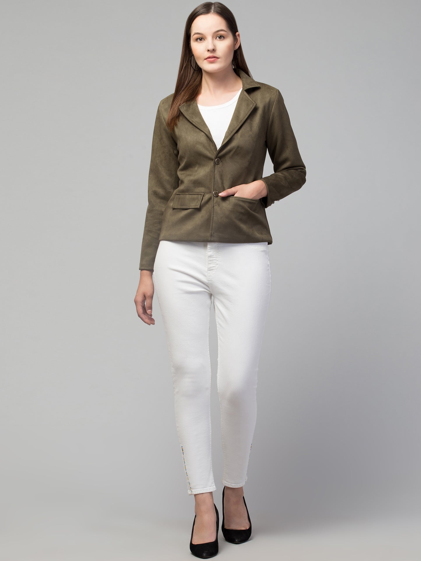 Olive Green Suede Fabric Girls Blazer