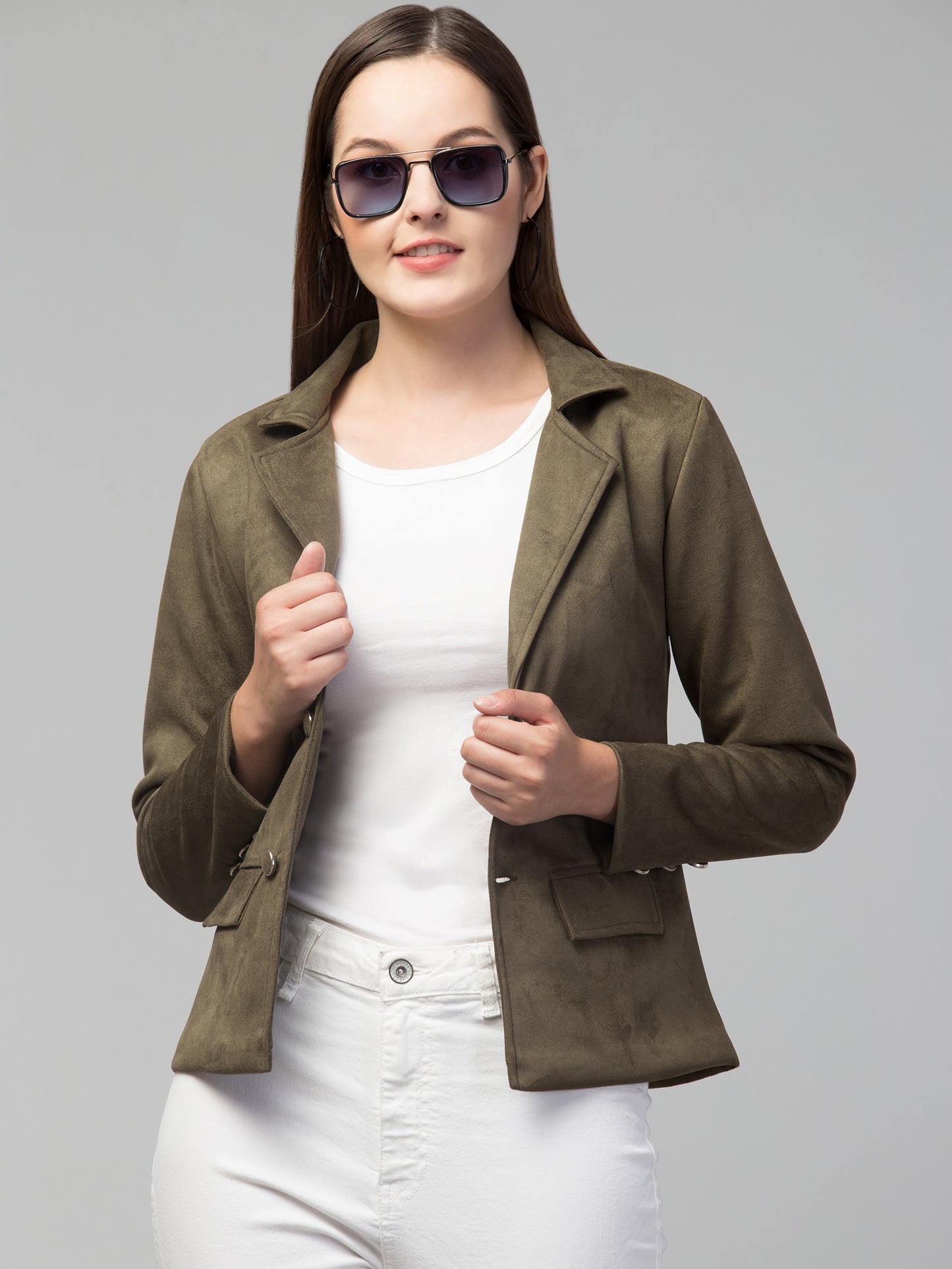 Olive Green Suede Fabric Girls Blazer