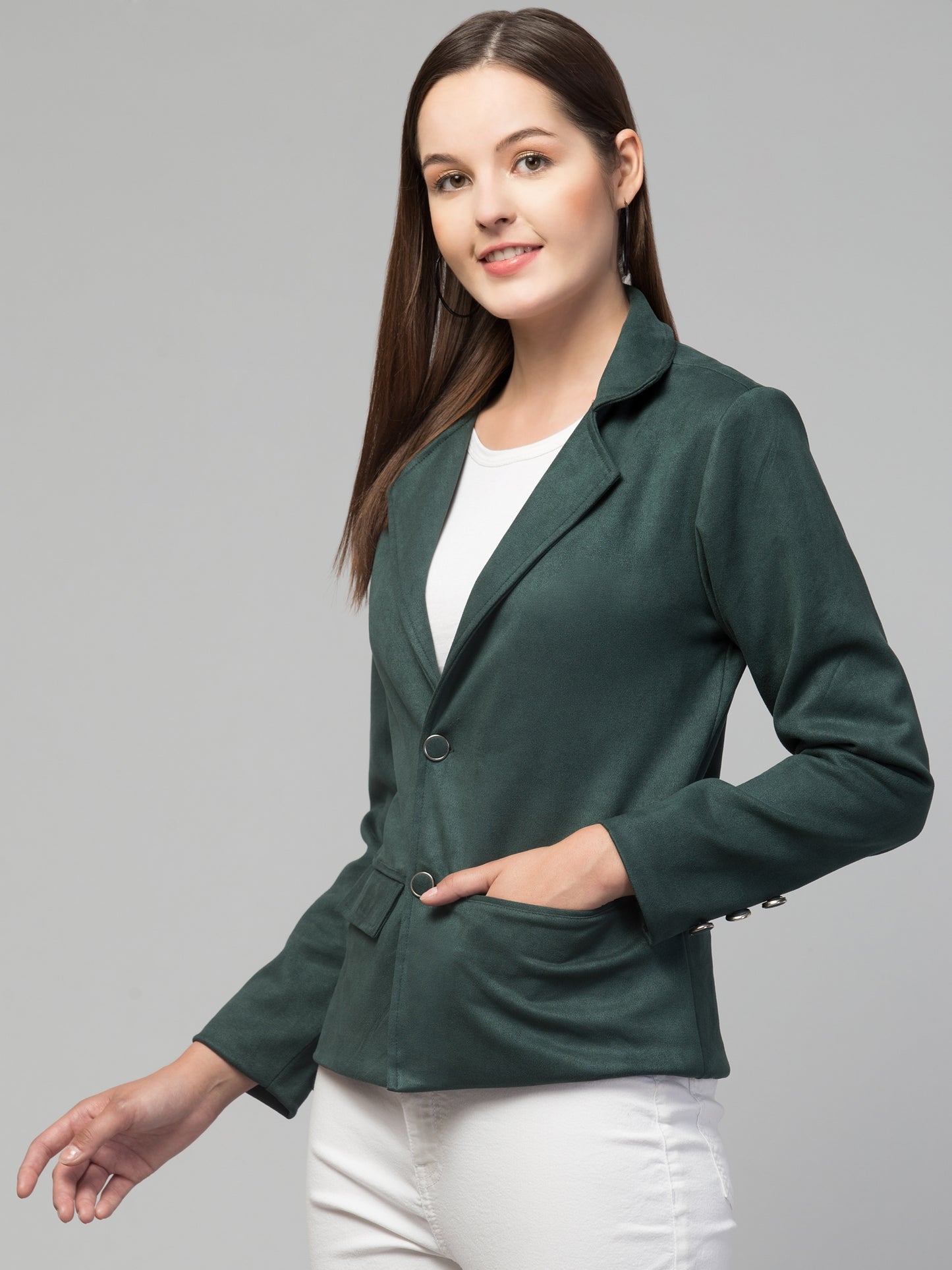 Bottle Green Color Suede Fabric Girls Blazer