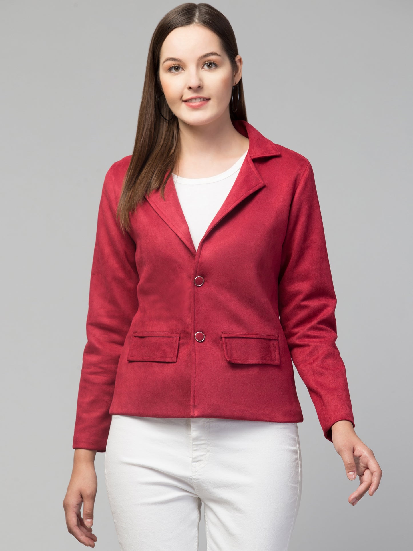 Red Color Suede Fabric Girls Blazer
