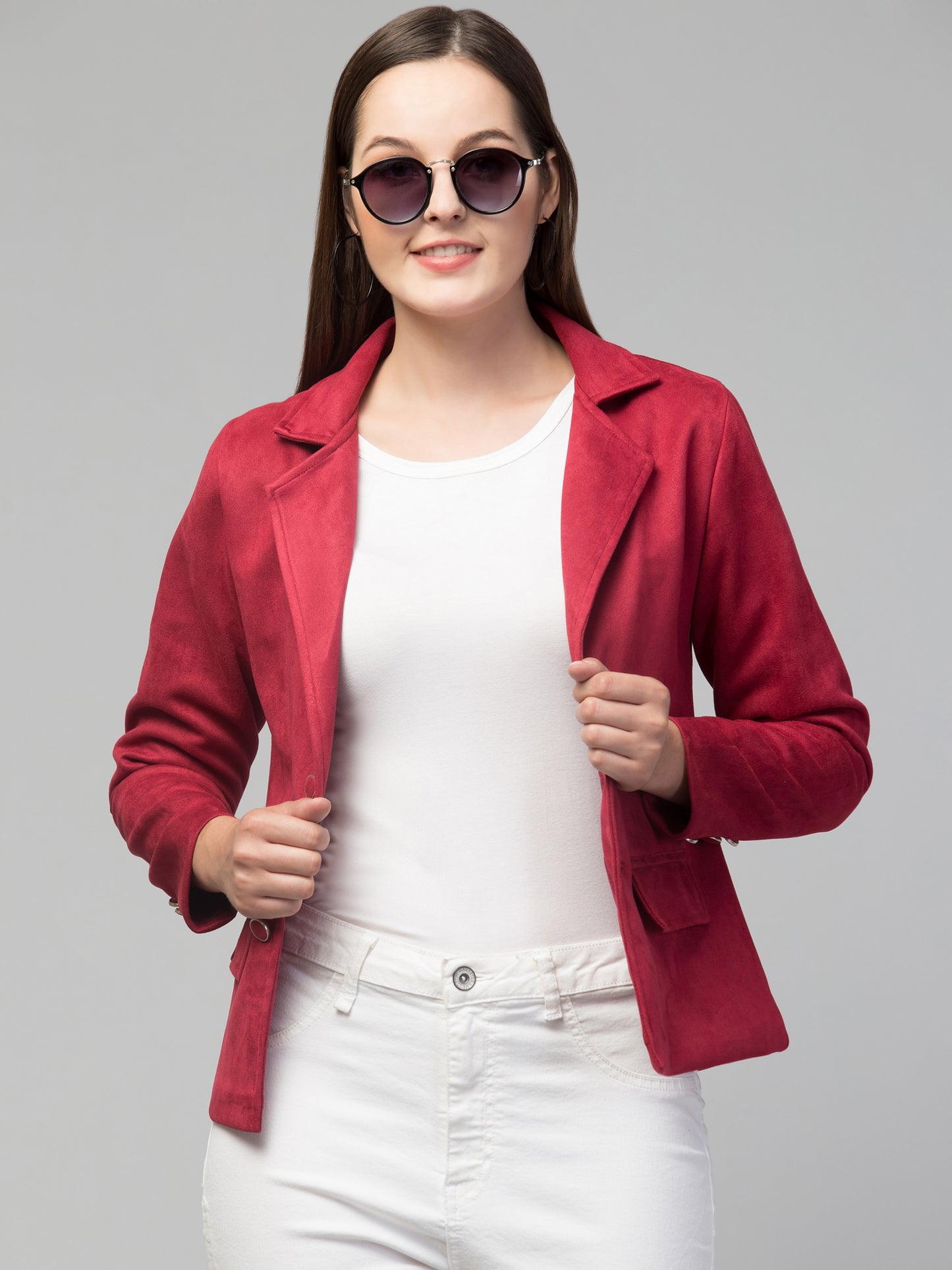 Red Color Suede Fabric Girls Blazer