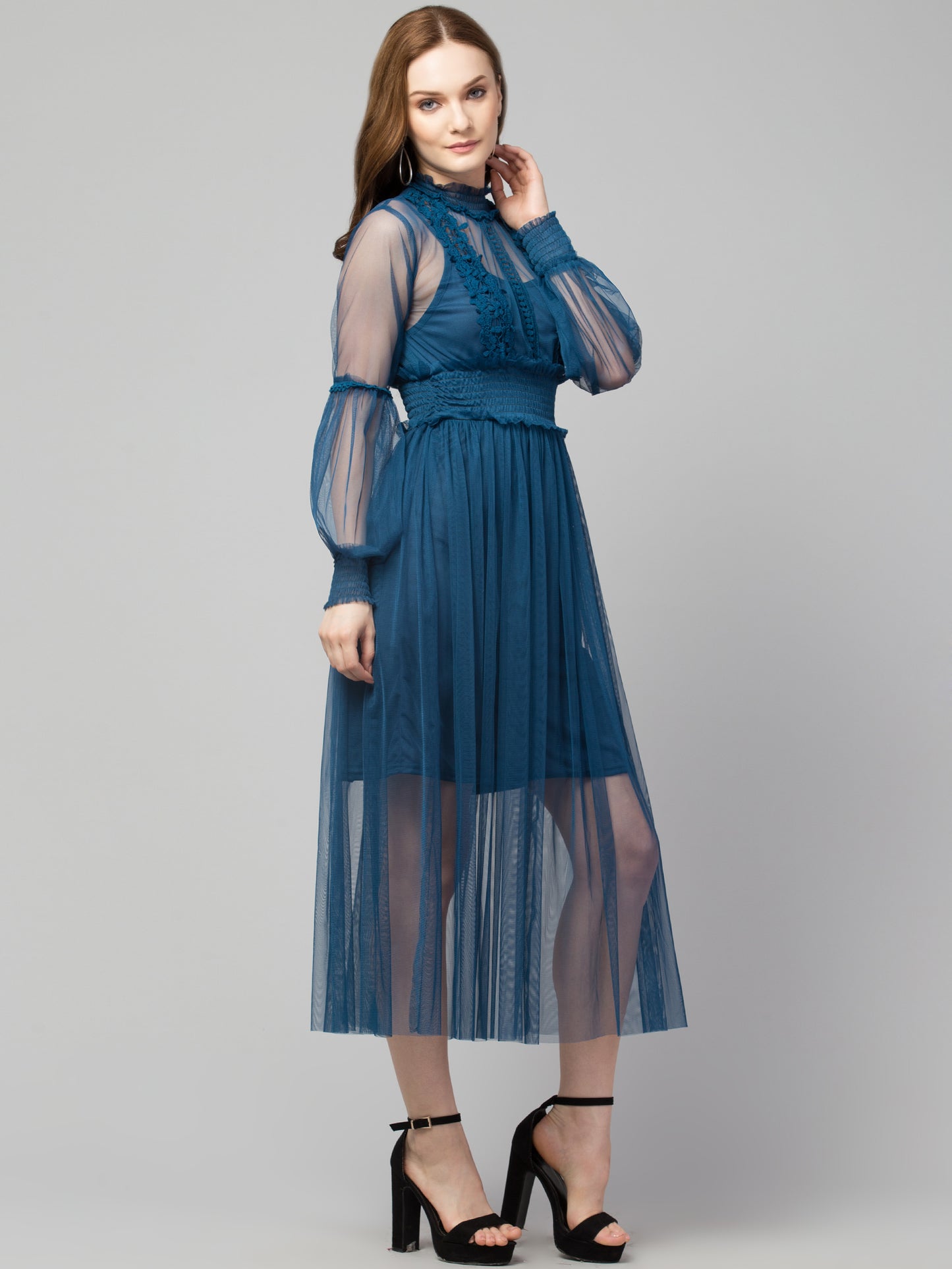 Teal Lace Net Dress With Lining