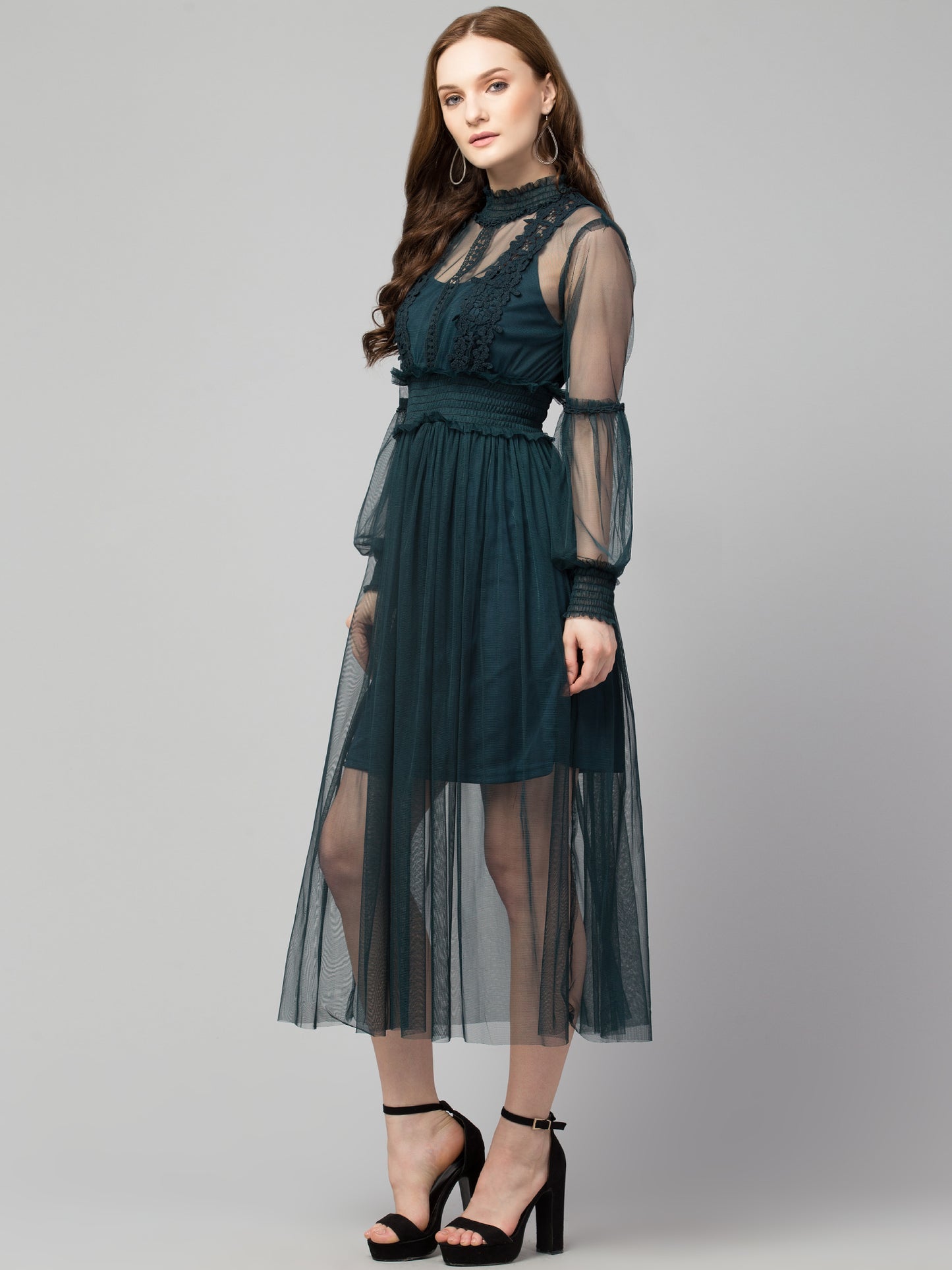 Green Lace Net Dress With Lining