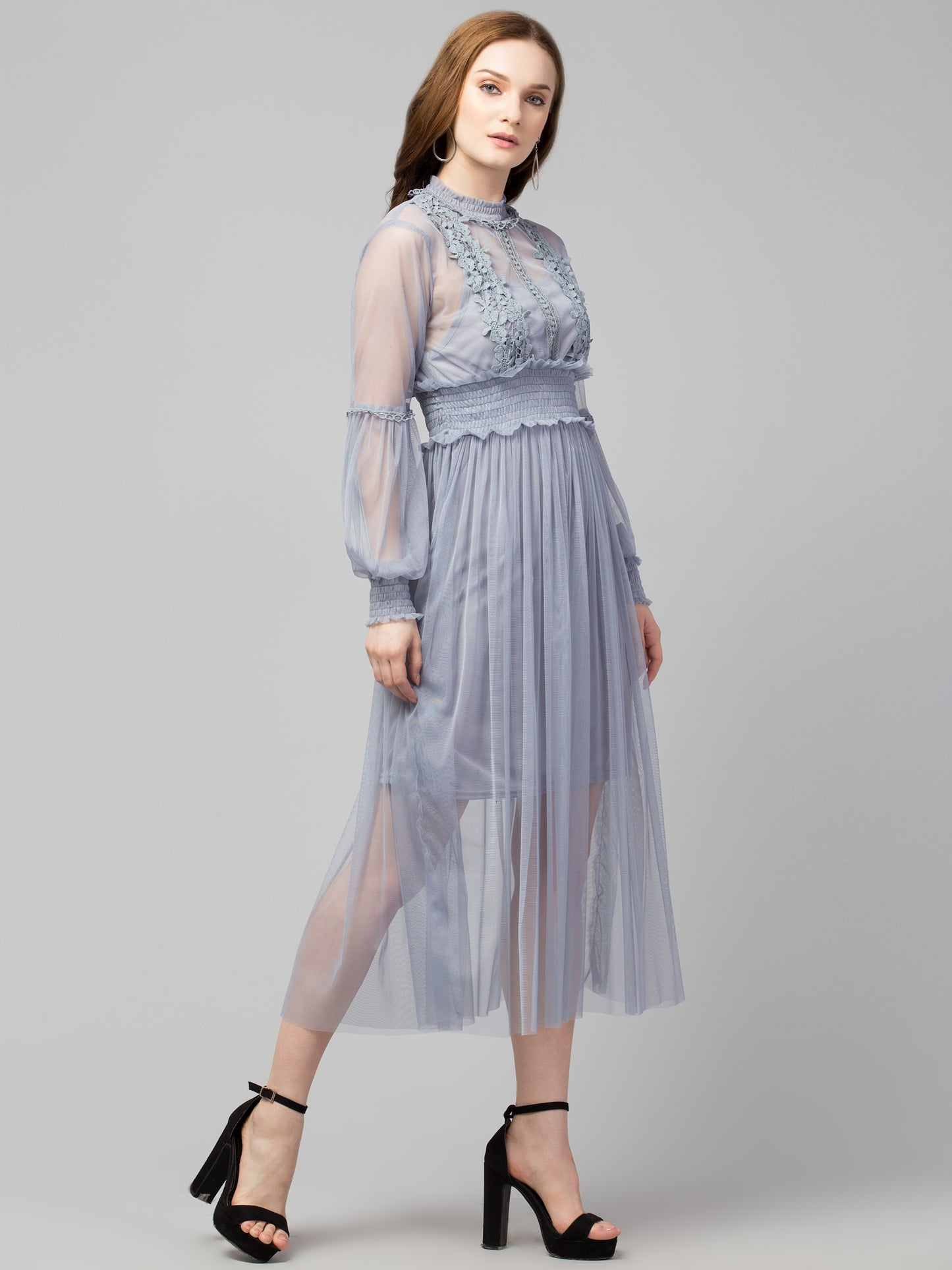 Grey Lace Net Dress With Lining