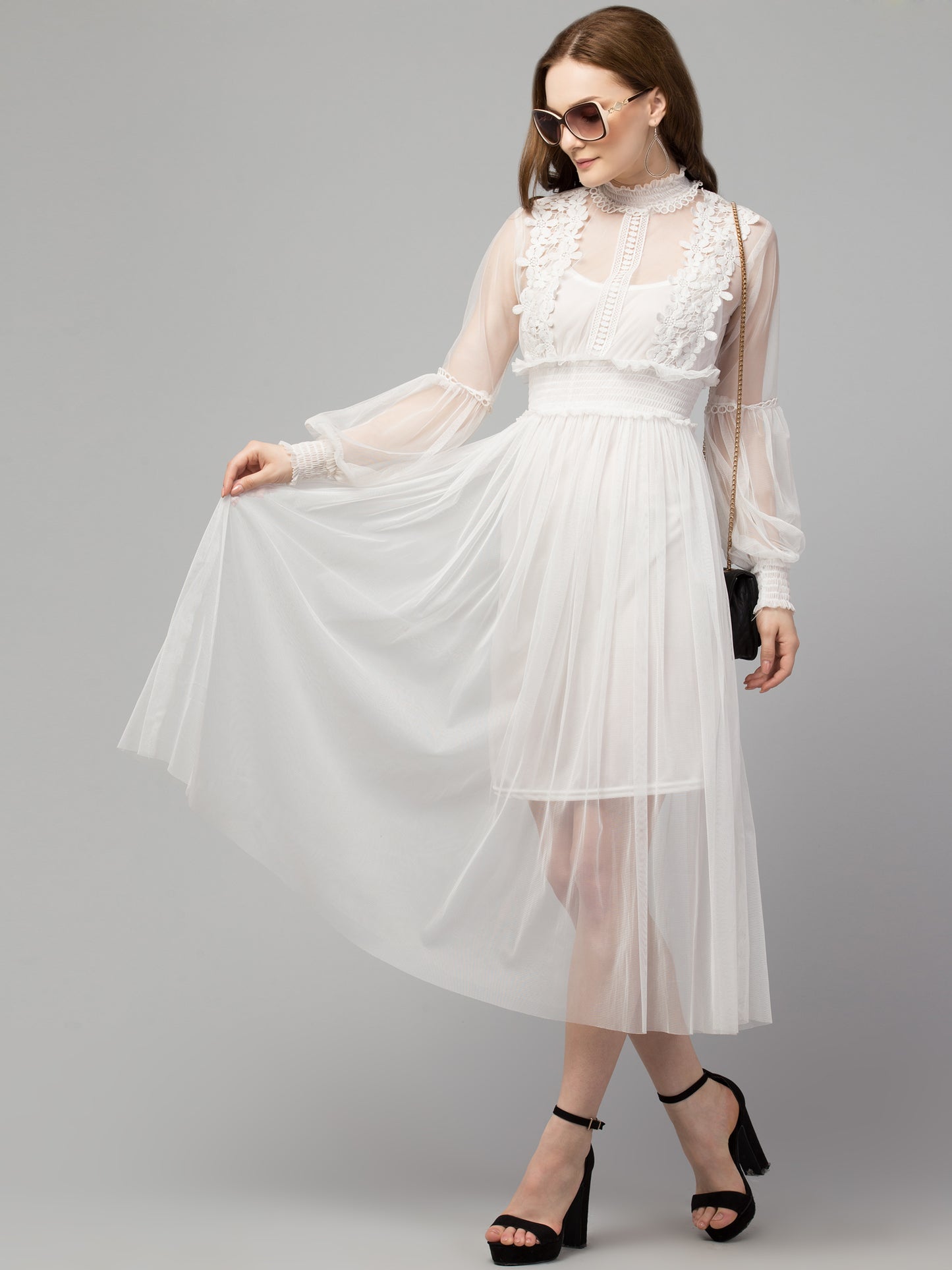 White Lace Net Dress With Lining