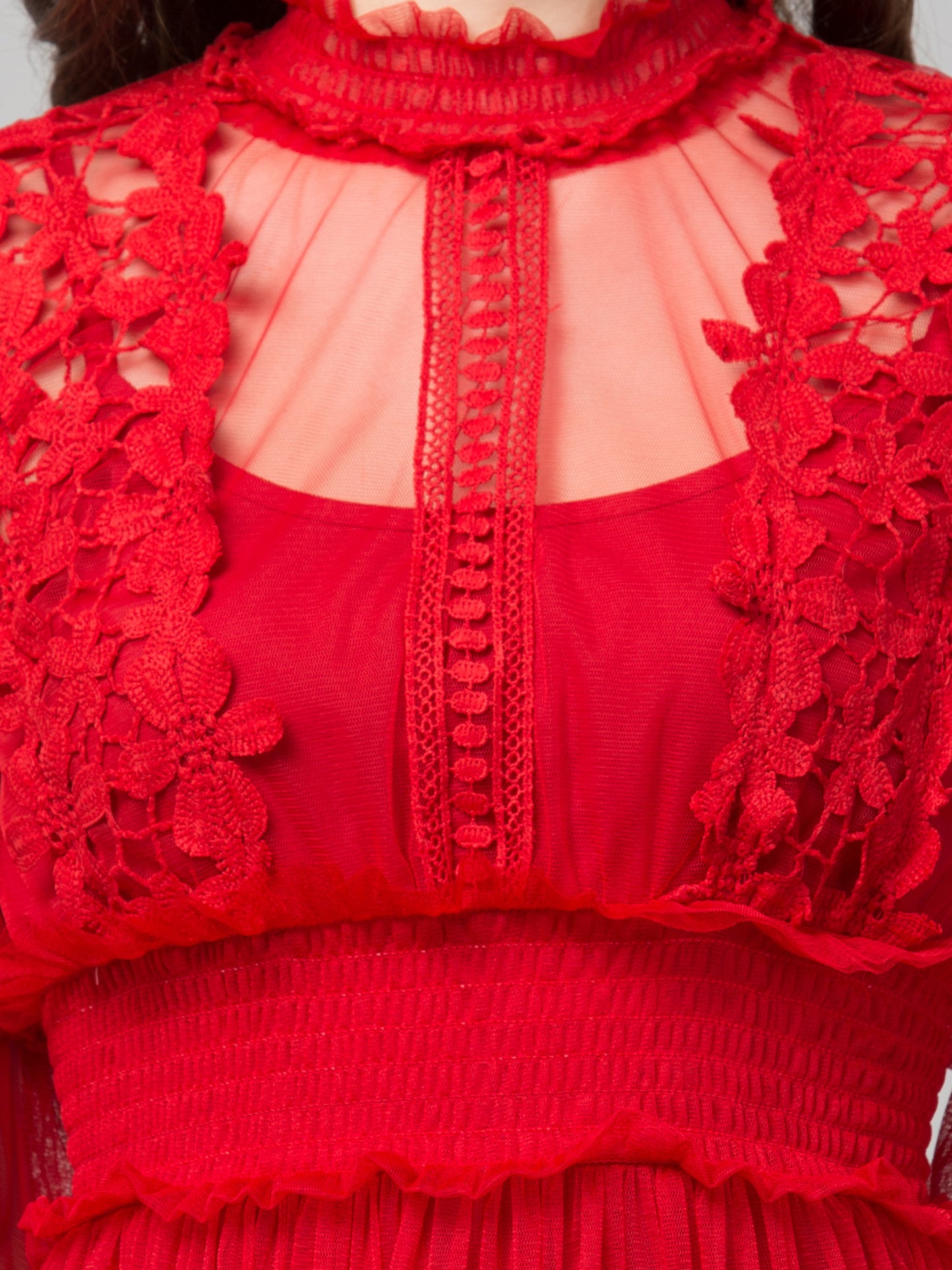 Red Lace Net Dress With Lining