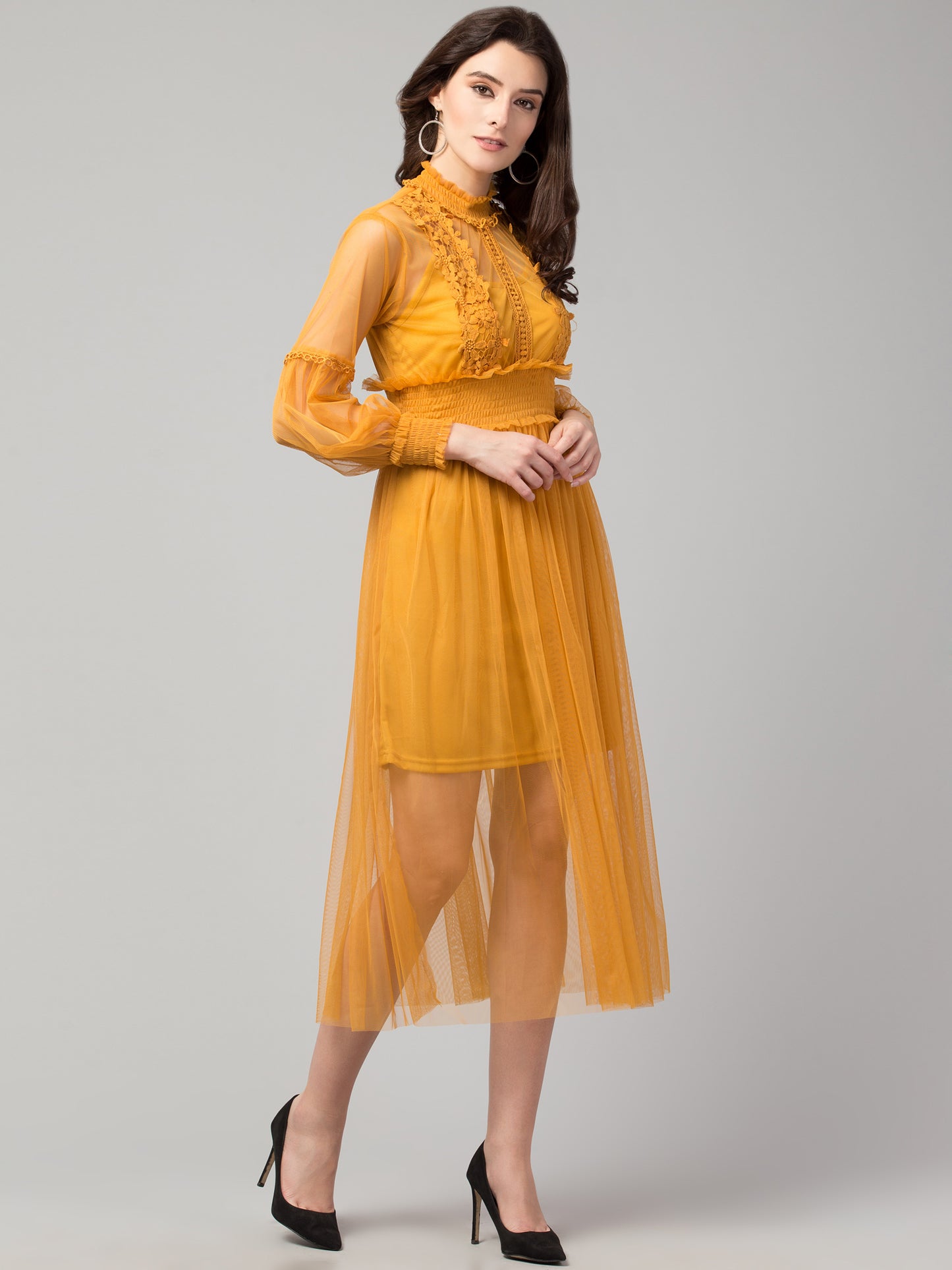Mustard Lace Net Dress With Lining