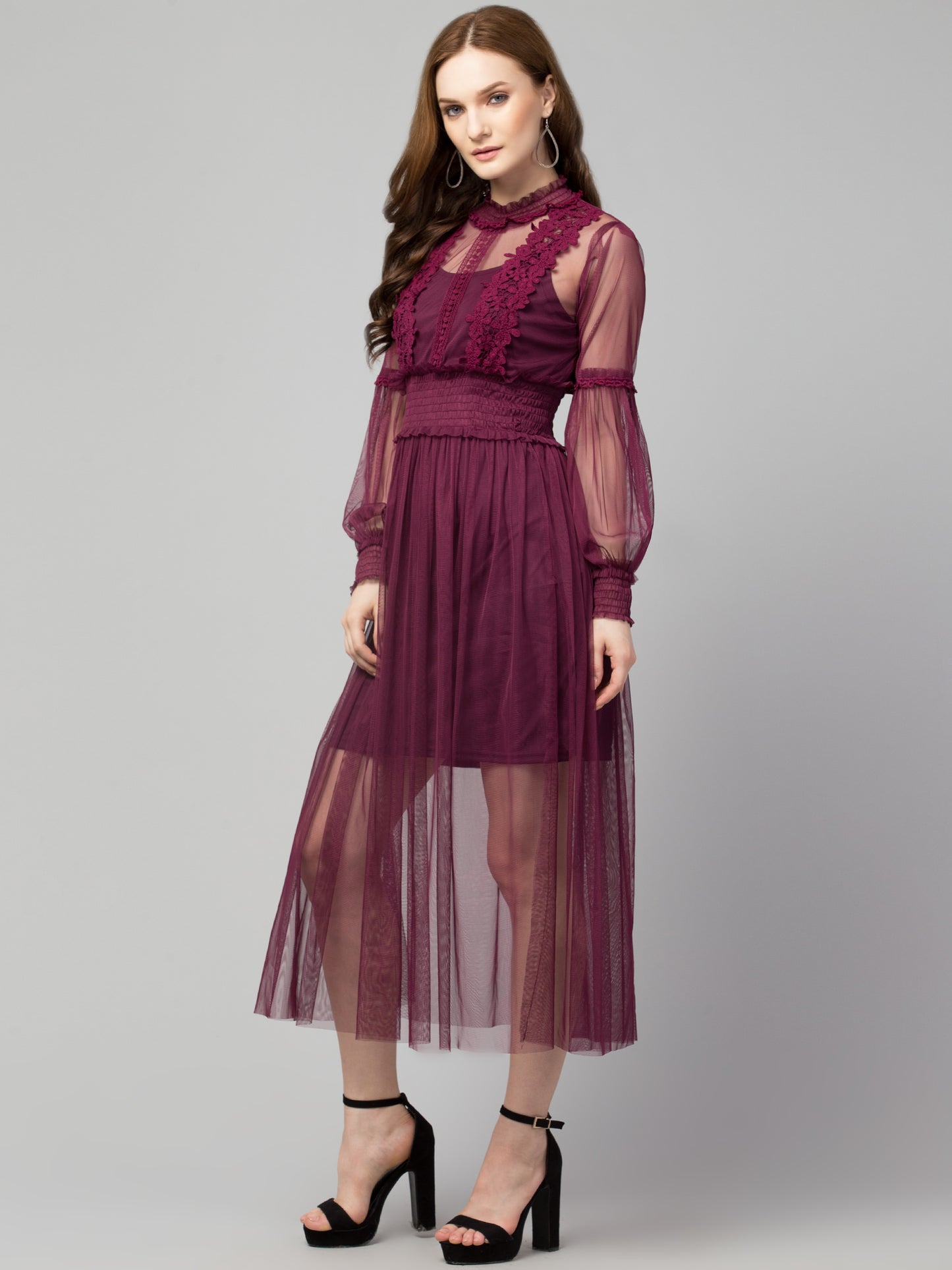 Wine Lace Net Dress With Lining