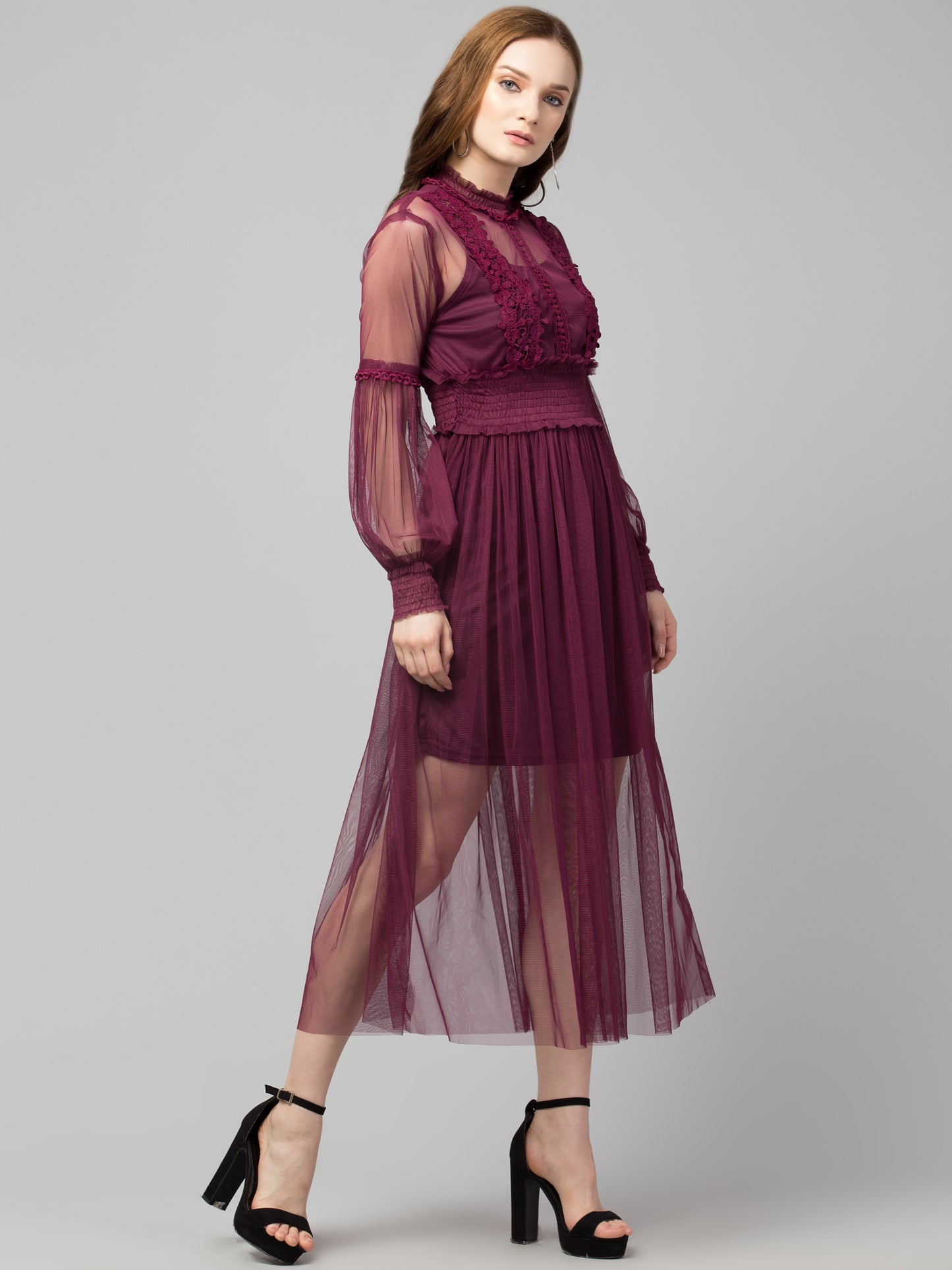 Wine Lace Net Dress With Lining