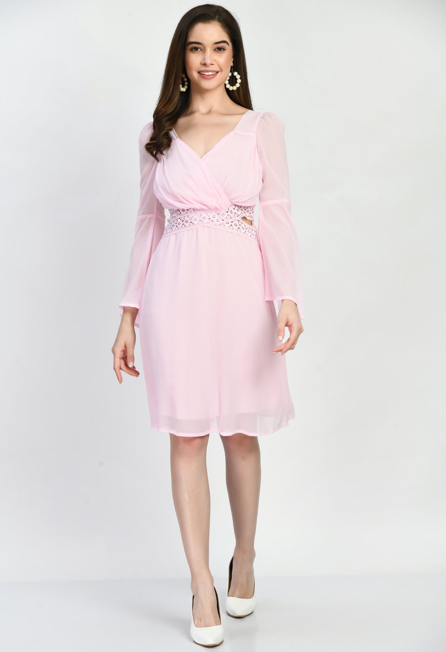 Pink Chiffon Lace Work Girls Dress with Lining