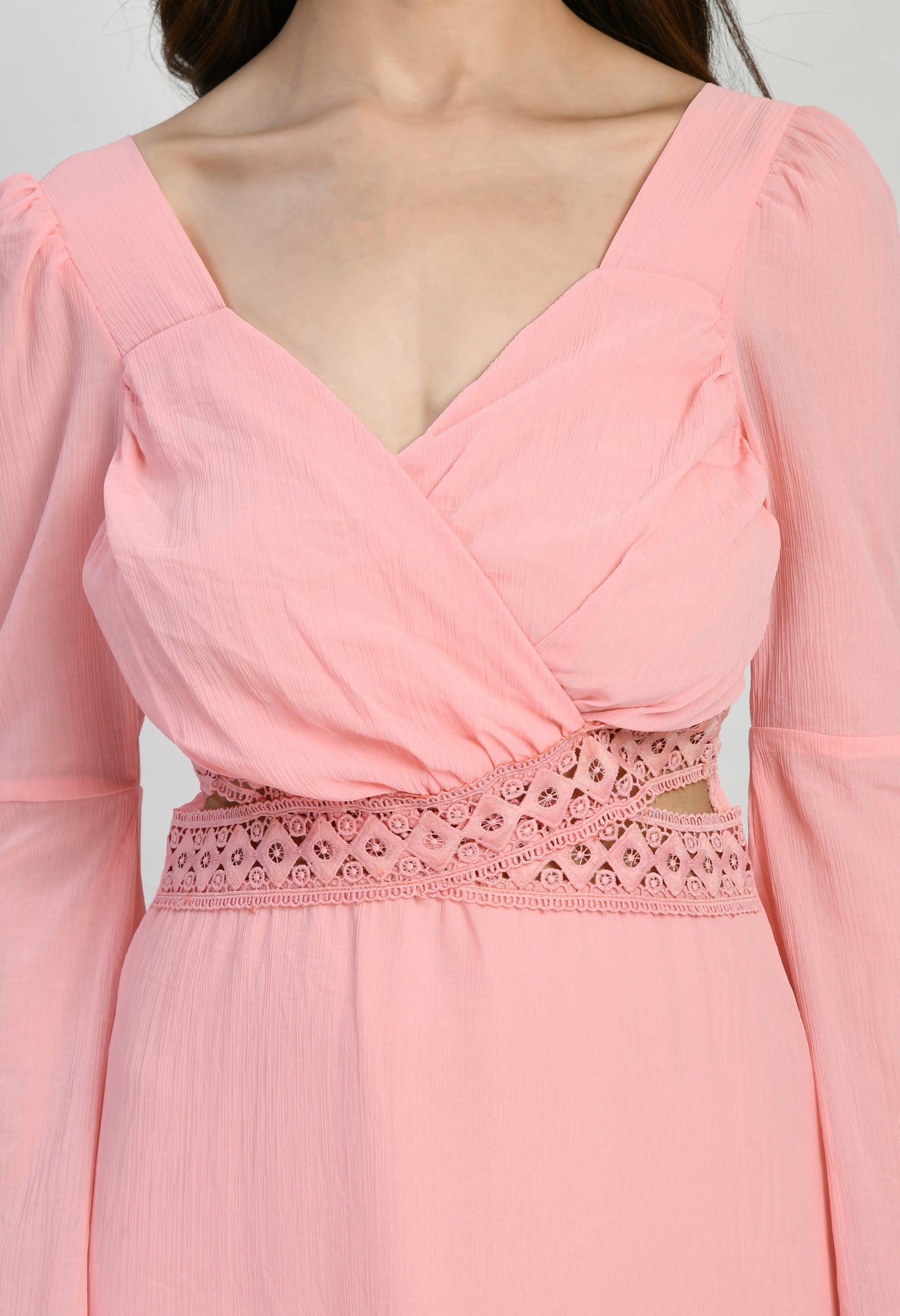 Peach Chiffon Lace Work Girls Dress with Lining