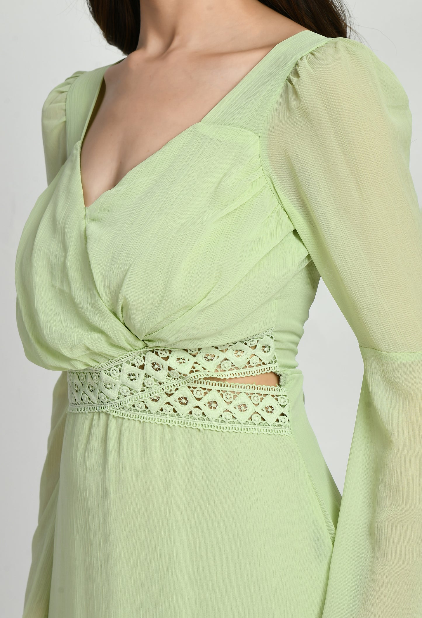 Green Chiffon Lace Work Girls Dress with Lining