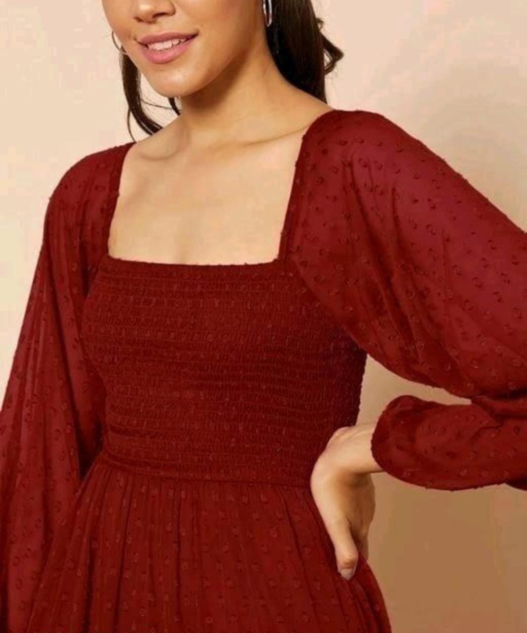 Maroon Georgette Dobby Flare Dress