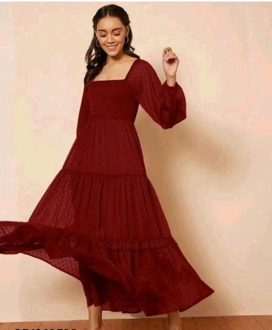 Maroon Georgette Dobby Flare Dress