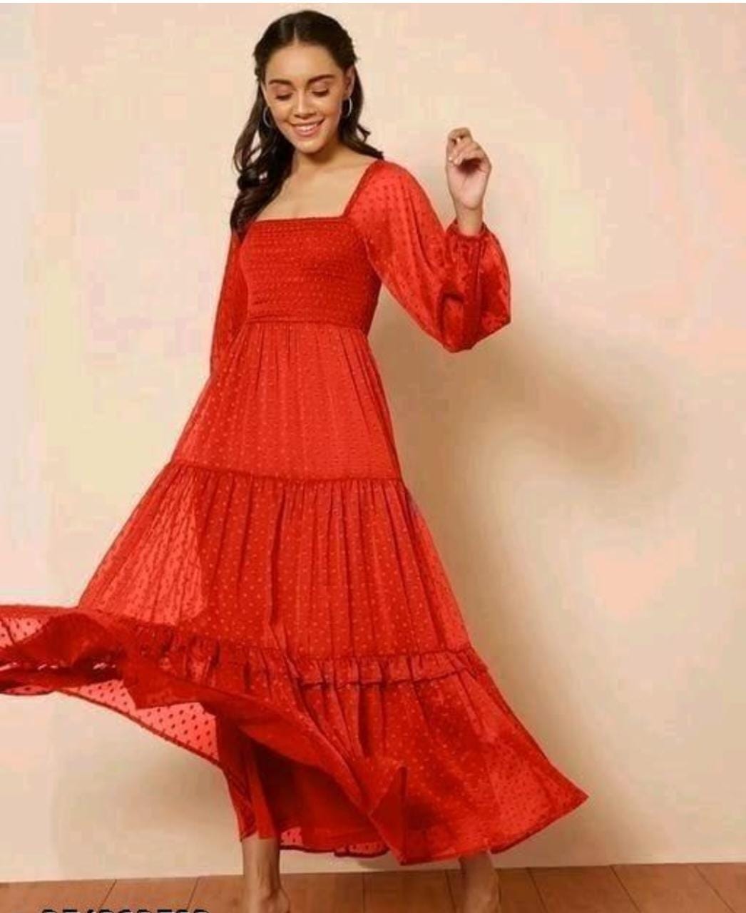 Red Georgette Dobby Flare Dress