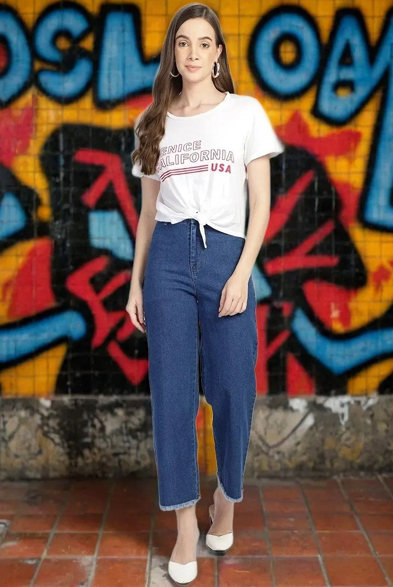 Women Flared High Rise Blue Jeans
